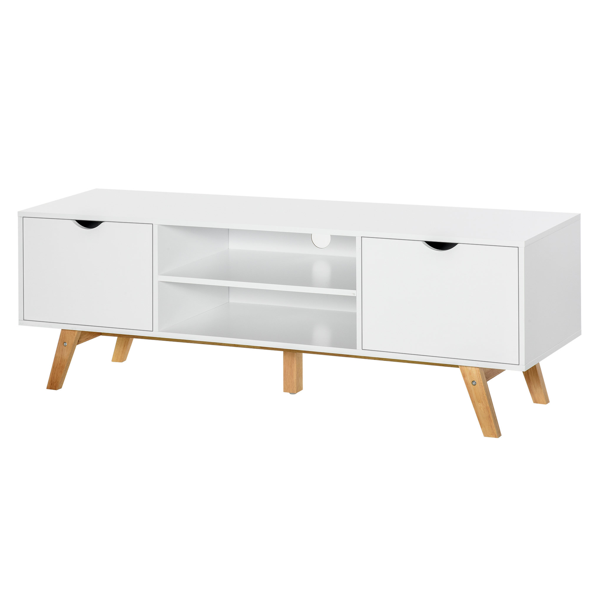 Voir la diapositive 1 : HOMCOM Meuble TV bas sur pied style scandinave 2 portes 2 niches passe-fils panneaux particules MDF blanc bois massif hévéa