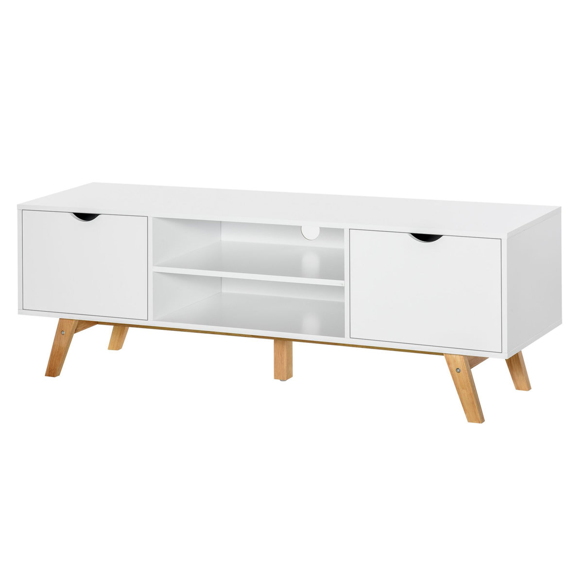 HOMCOM Meuble TV bas sur pied style scandinave 2 portes 2 niches passe-fils panneaux particules MDF blanc bois massif hévéa