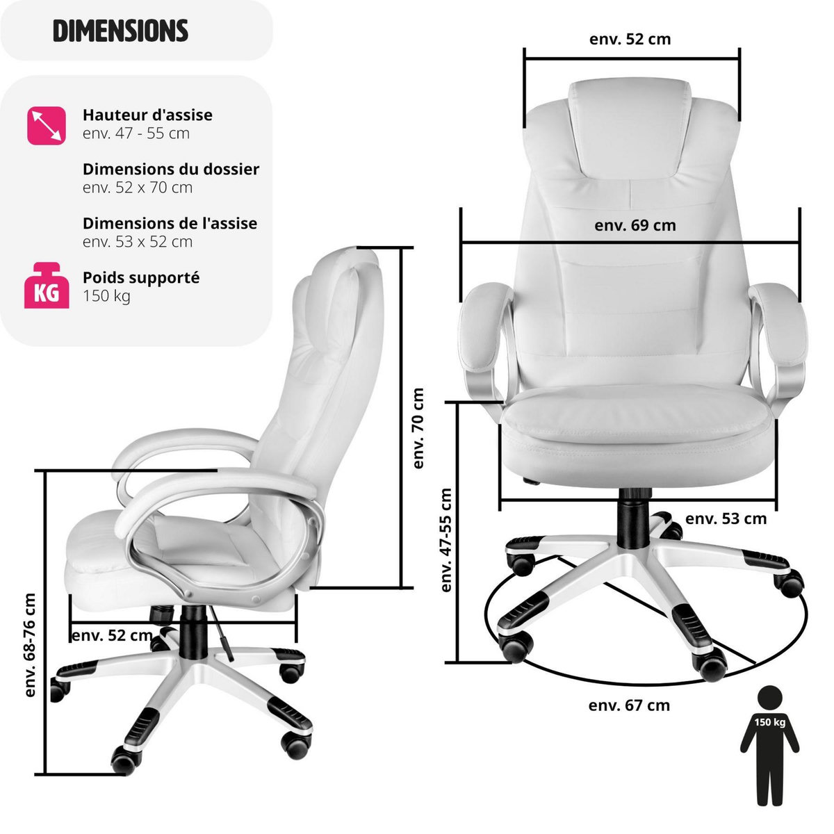 tectake Fauteuil de bureau rotatif à 360° et réglable en hauteur blanc