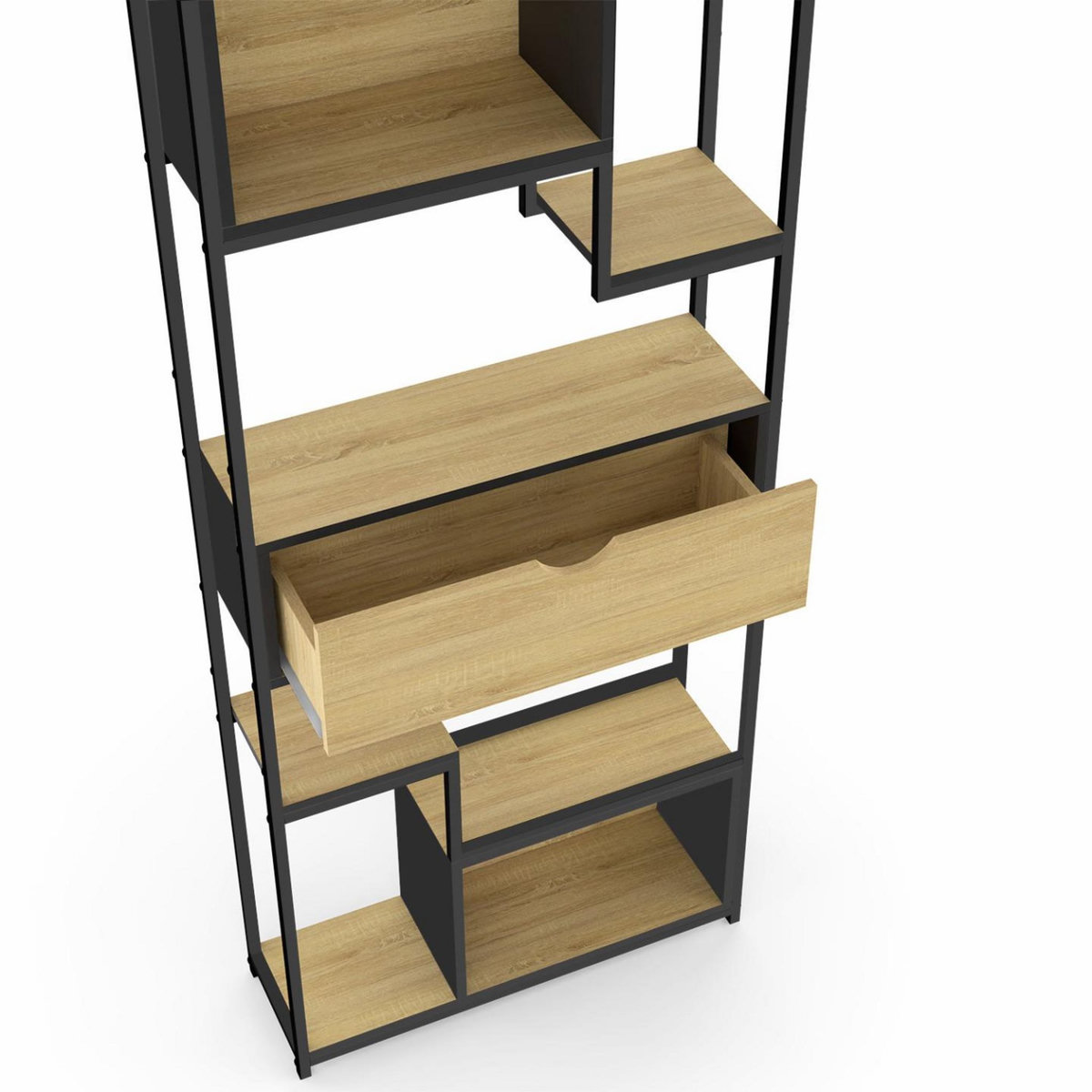 ID MARKET Etagère bibliothèque 6 niveaux asymétrique DETROIT avec tiroir design industriel 161 cm