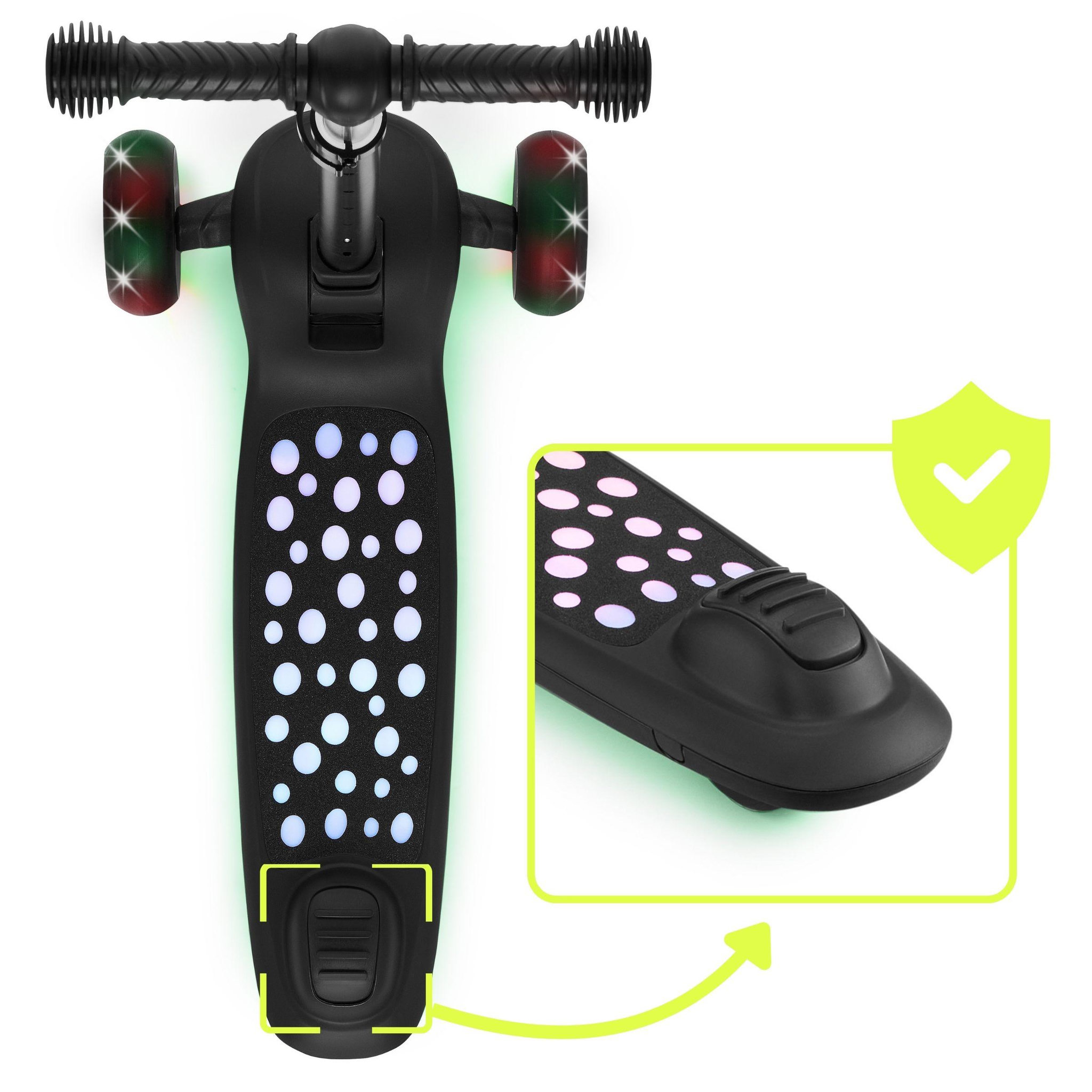 Voir la diapositive 2 : HYPERMOTION Trottinette Enfant 3-en-1 - LED - 50 kg- Siège Réglable- Pliable- Roues PU- Guidon T-Bar