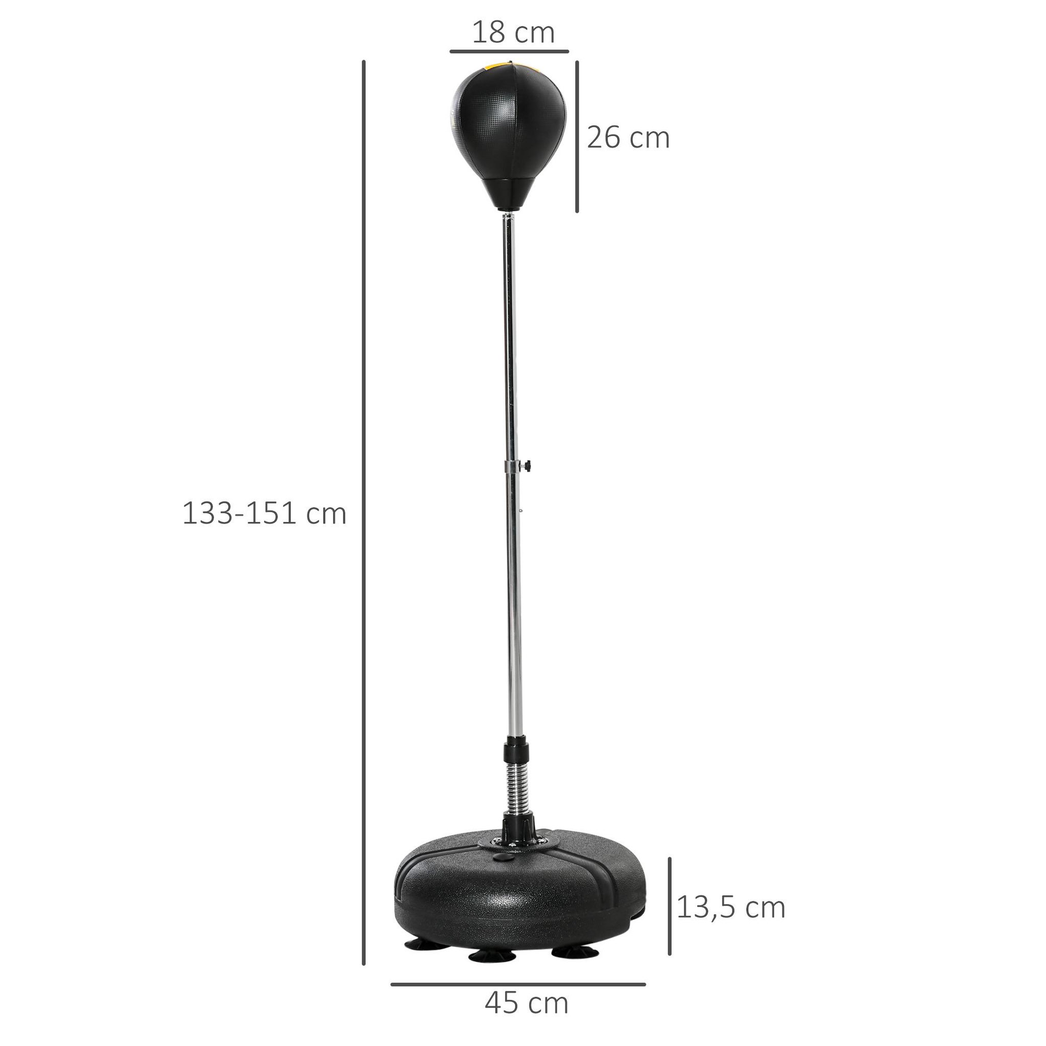 Voir la diapositive 3 : HOMCOM Punching ball sur pied hauteur réglable h.133 -151cm - ressort central, socle ventouses - accessoires - jaune noir