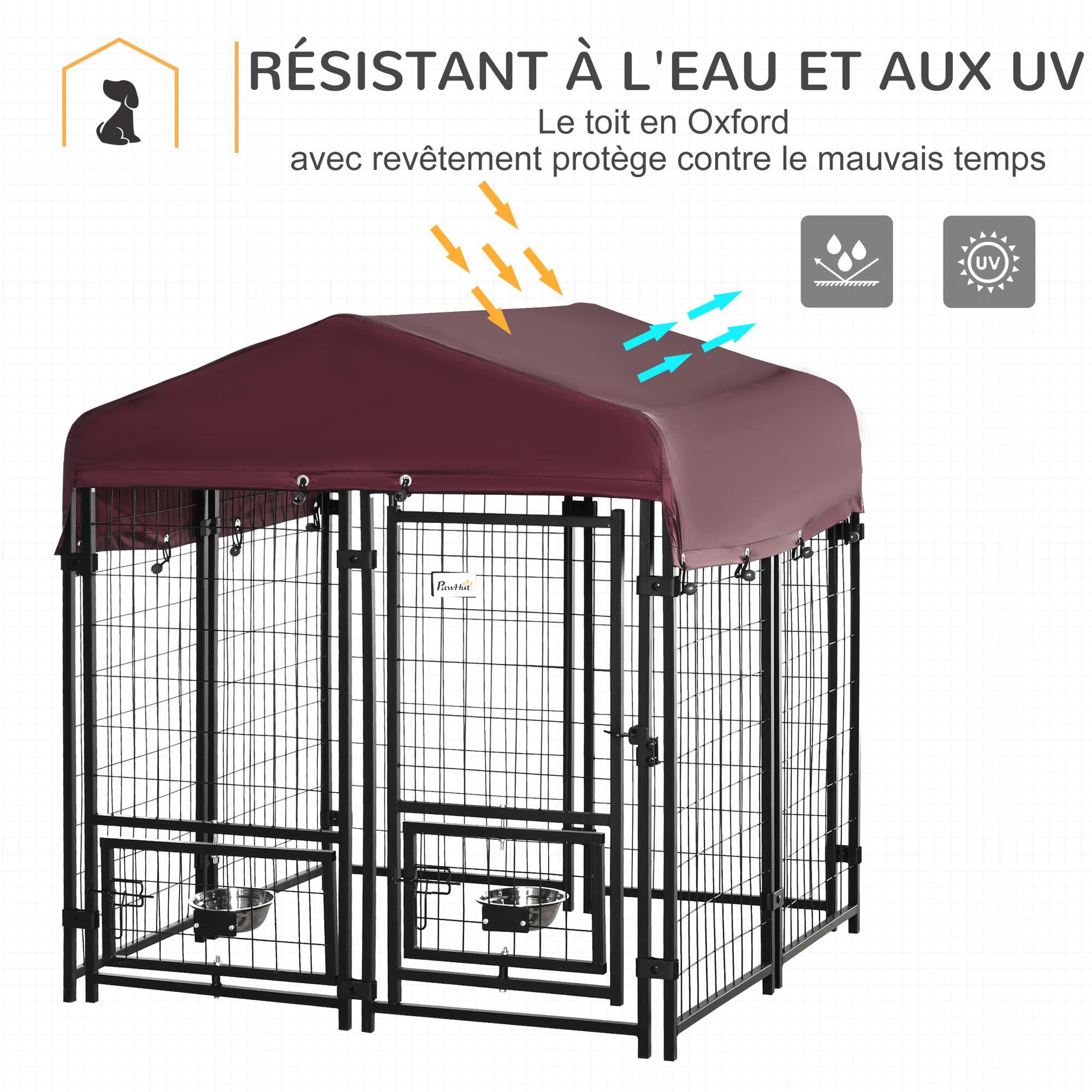 Voir la diapositive 4 : PAWHUT Chenil extérieur pour chien - cage chien - enclos chien - toile toit imperméable anti-uv, porte verrouillable, 2 bols rotatifs - acier noir oxford pourpre
