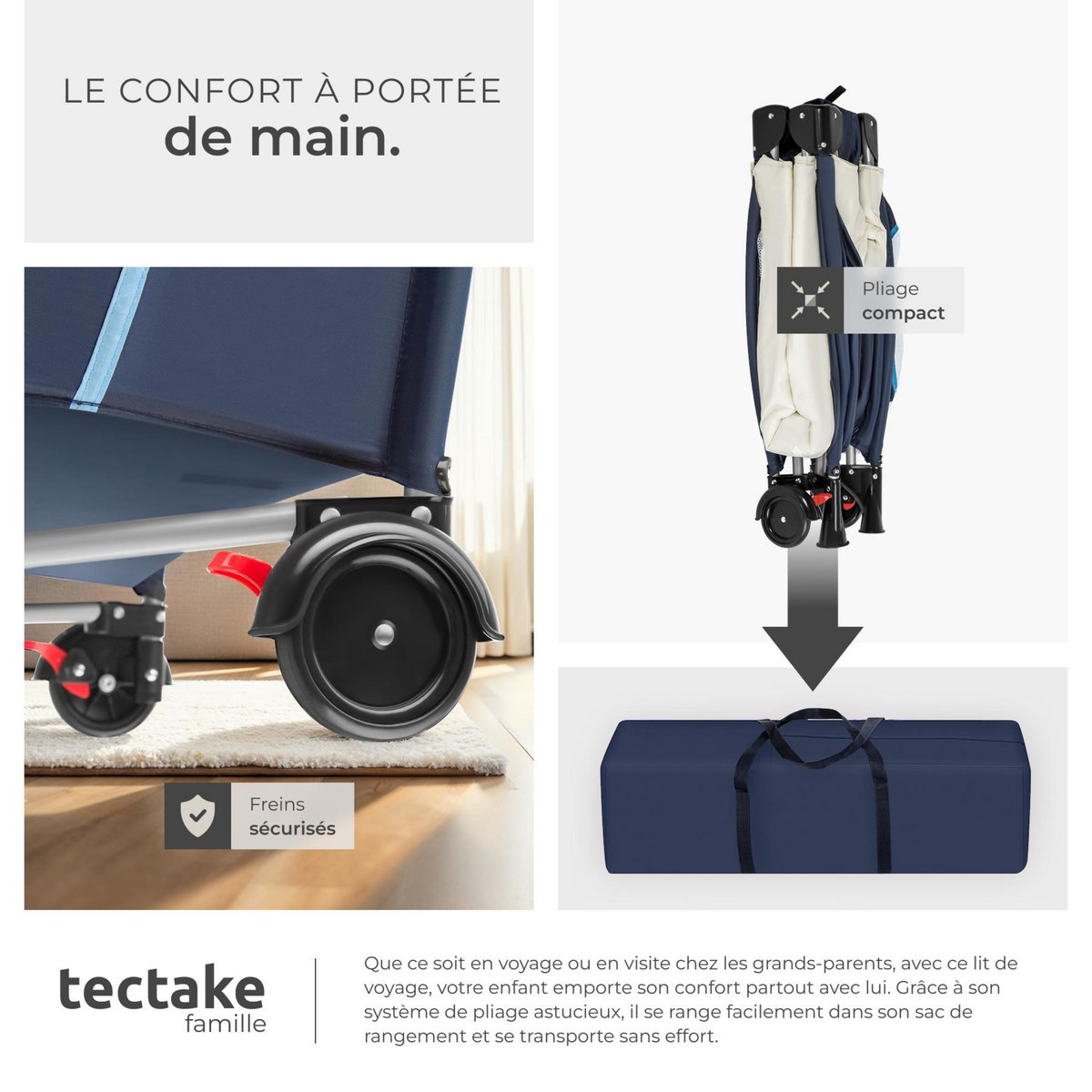 tectake Lit de voyage pour enfants peu encombrant pliable et réglable en hauteur bleu