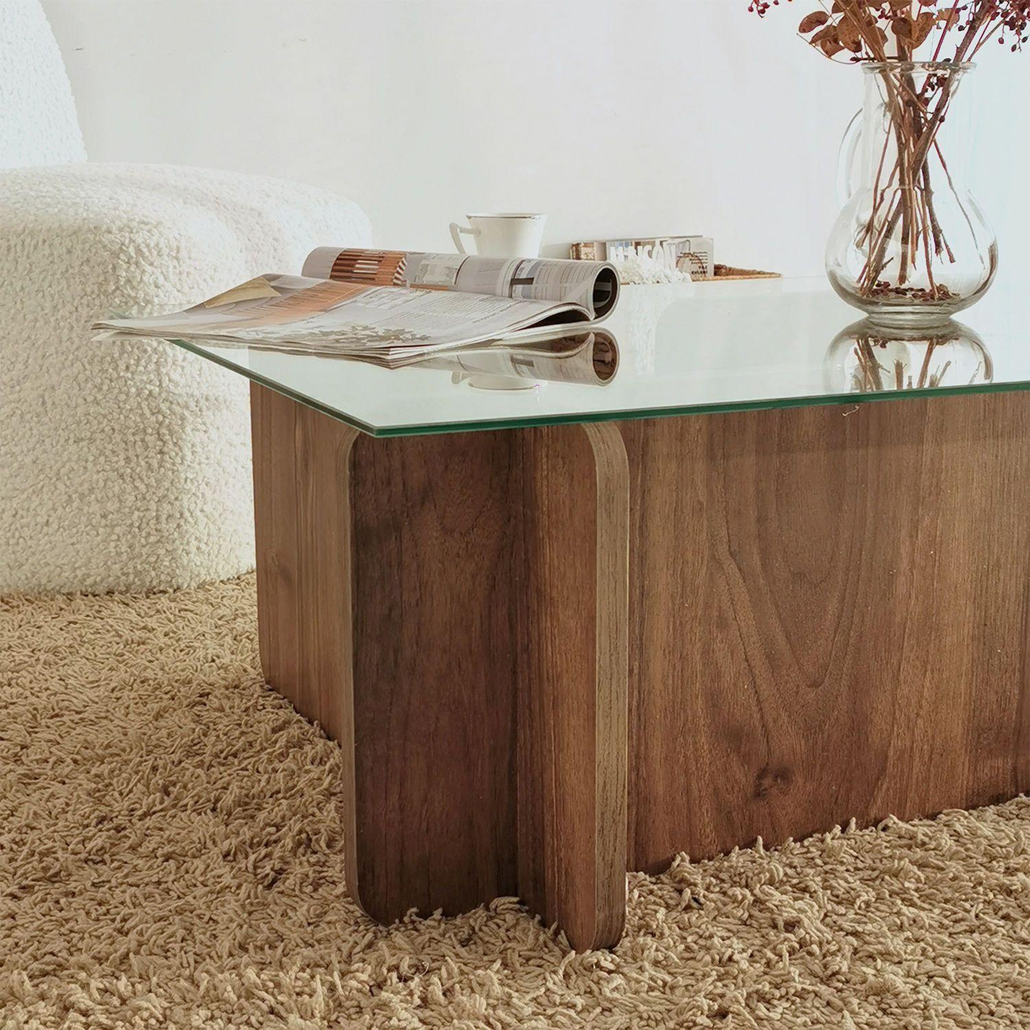 Voir la diapositive 3 : TOILINUX Table basse rectangulaire en panneaux de particules et verre long.105cm x larg.65cm - marron foncé
