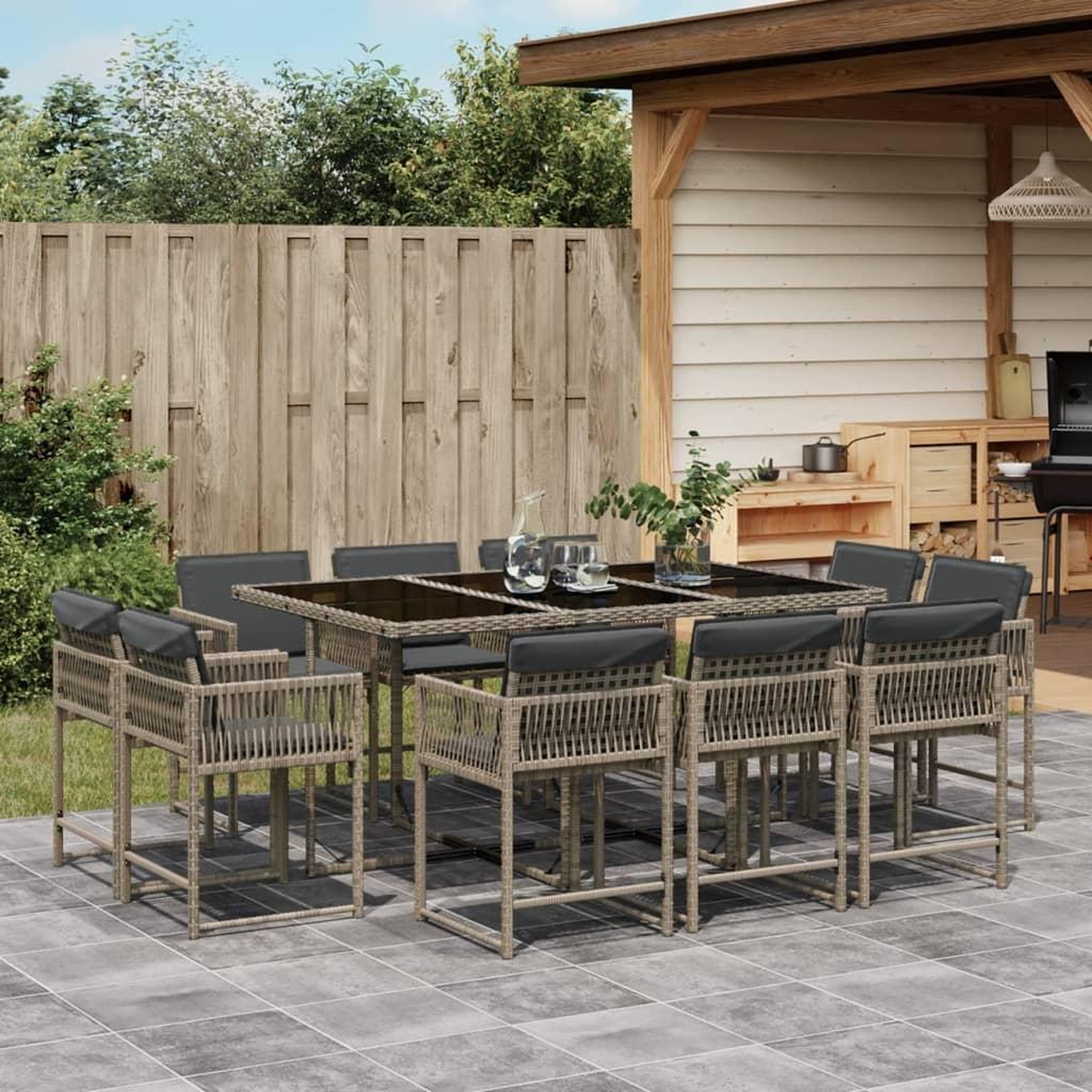 VIDAXL Ensemble a manger de jardin 11pcs avec coussins gris poly rotin
