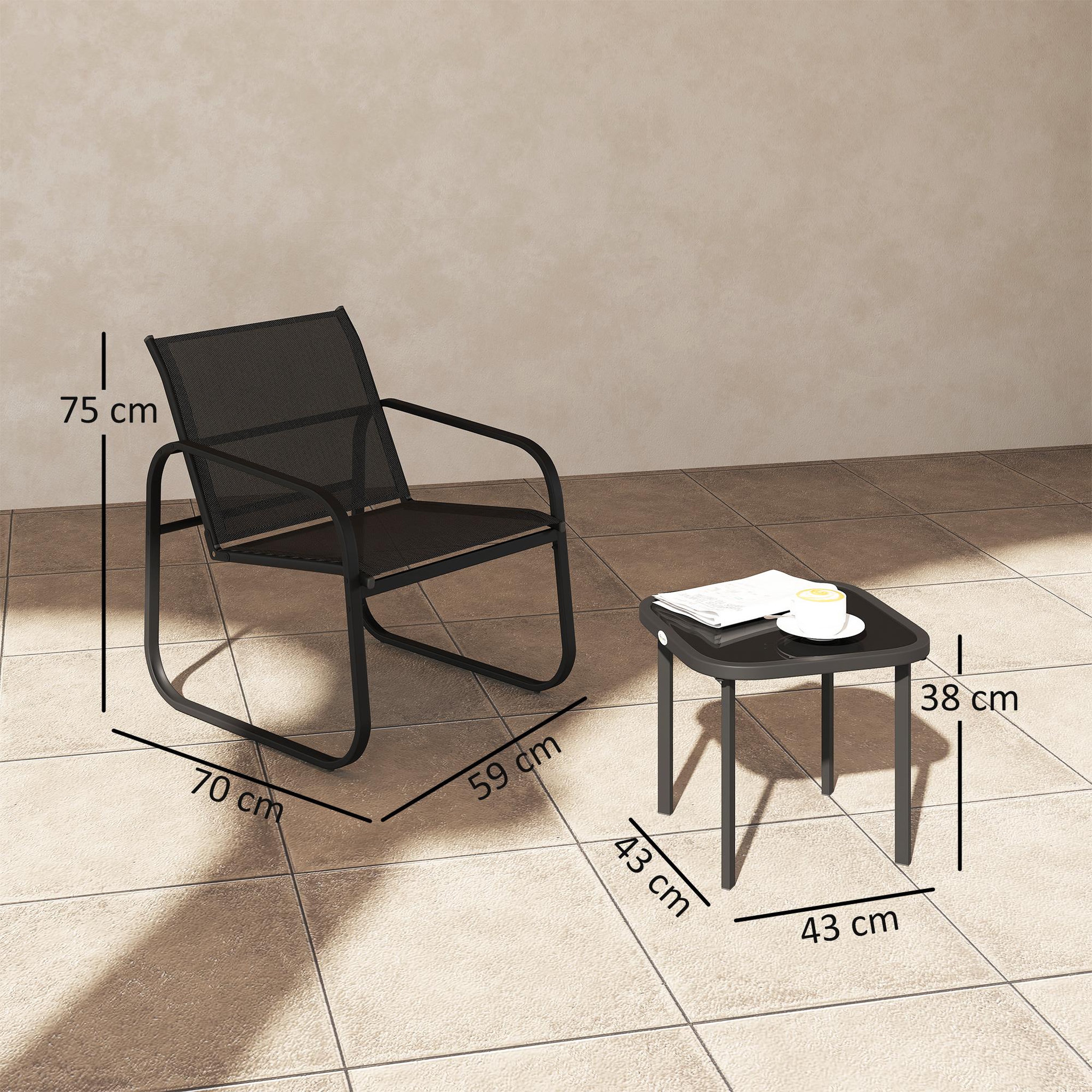 Voir la diapositive 3 : OUTSUNNY Ensemble bistrot de jardin relax 2 personnes 3 pièces plateau verre trempé acier textilène noir