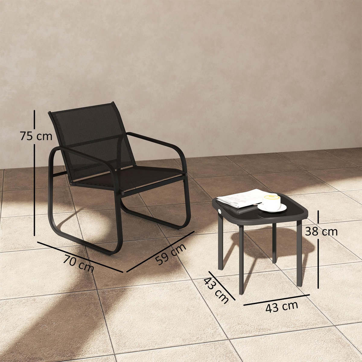 OUTSUNNY Ensemble bistrot de jardin relax 2 personnes 3 pièces plateau verre trempé acier textilène noir