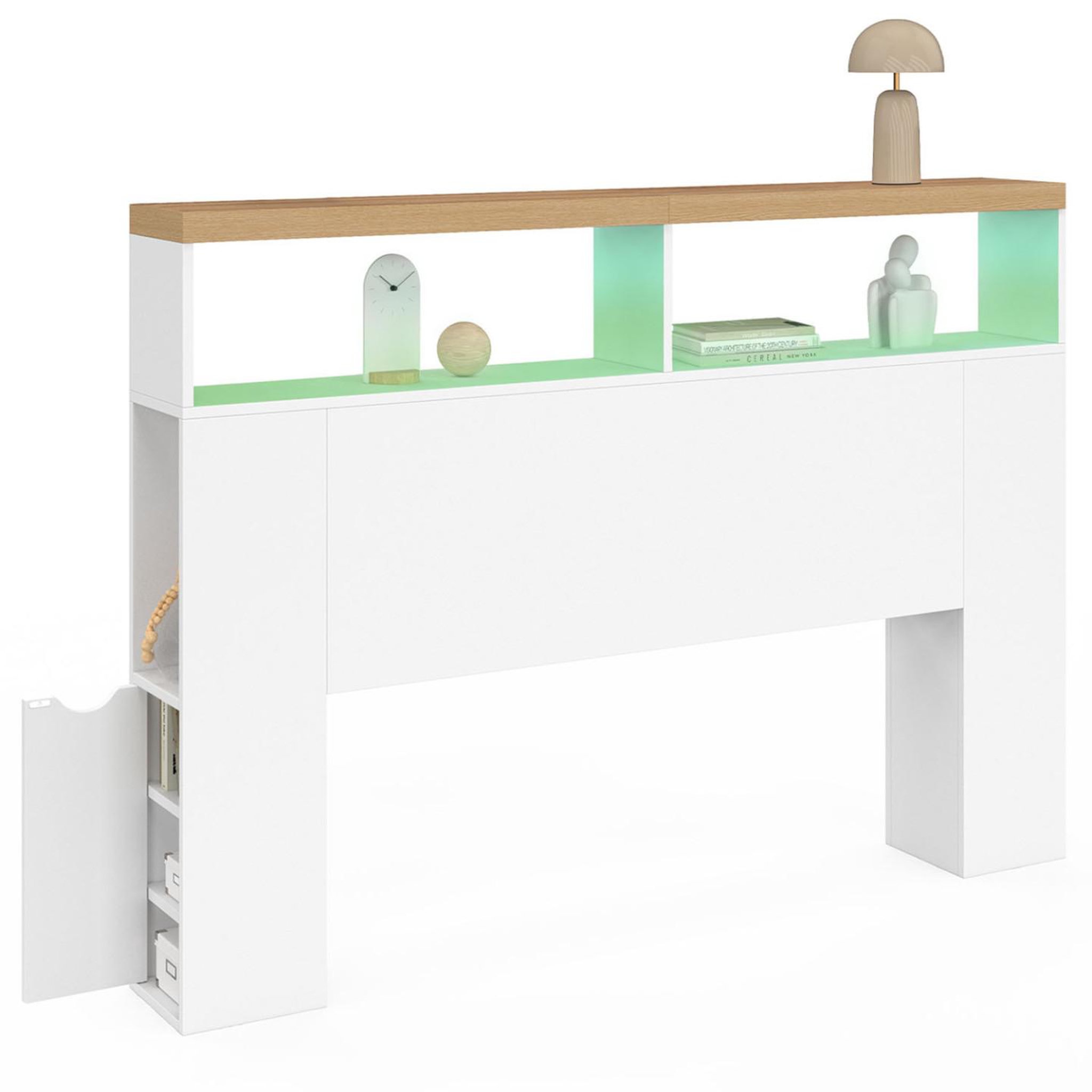 Voir la diapositive 4 : ID MARKET Tête de lit sur pied luna à leds 145 cm avec rangements fermés et niches blanc et plateau effet bois