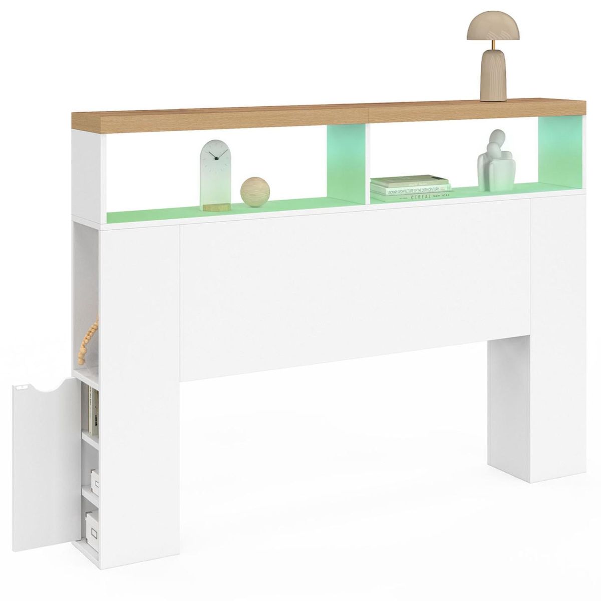 ID MARKET Tête de lit sur pied LUNA à LEDS 145 cm avec rangements fermés et niches blanc et plateau effet bois