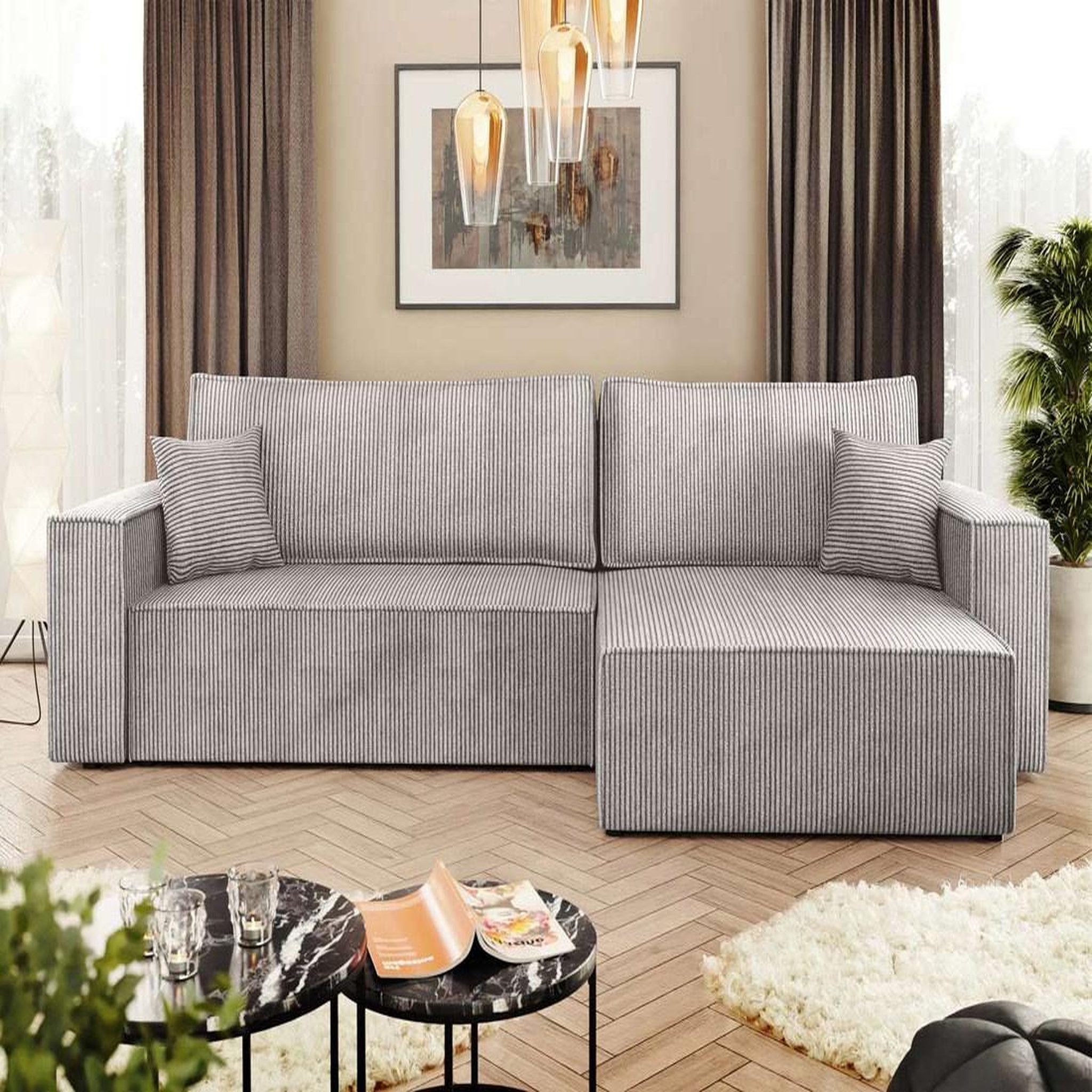 Voir la diapositive 4 : BEST MOBILIER Cezanne - canapé d'angle réversible 5 places convertible avec coffre en velours côtelé
