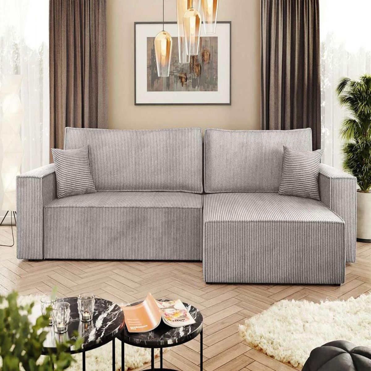 BEST MOBILIER Cezanne - canapé d'angle réversible 5 places convertible avec coffre en velours côtelé