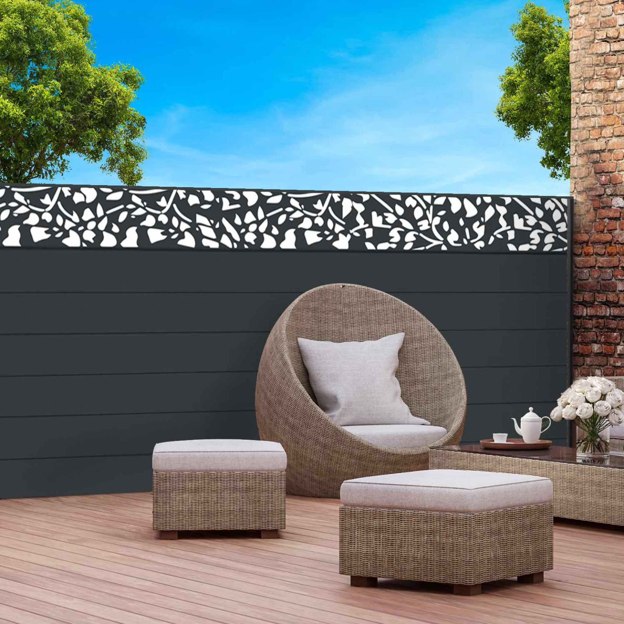 Voir la diapositive 2 : ID MARKET Brise vue occultant 1,5 x 10 m effet lames de clôture motifs flower 160 gr/m²