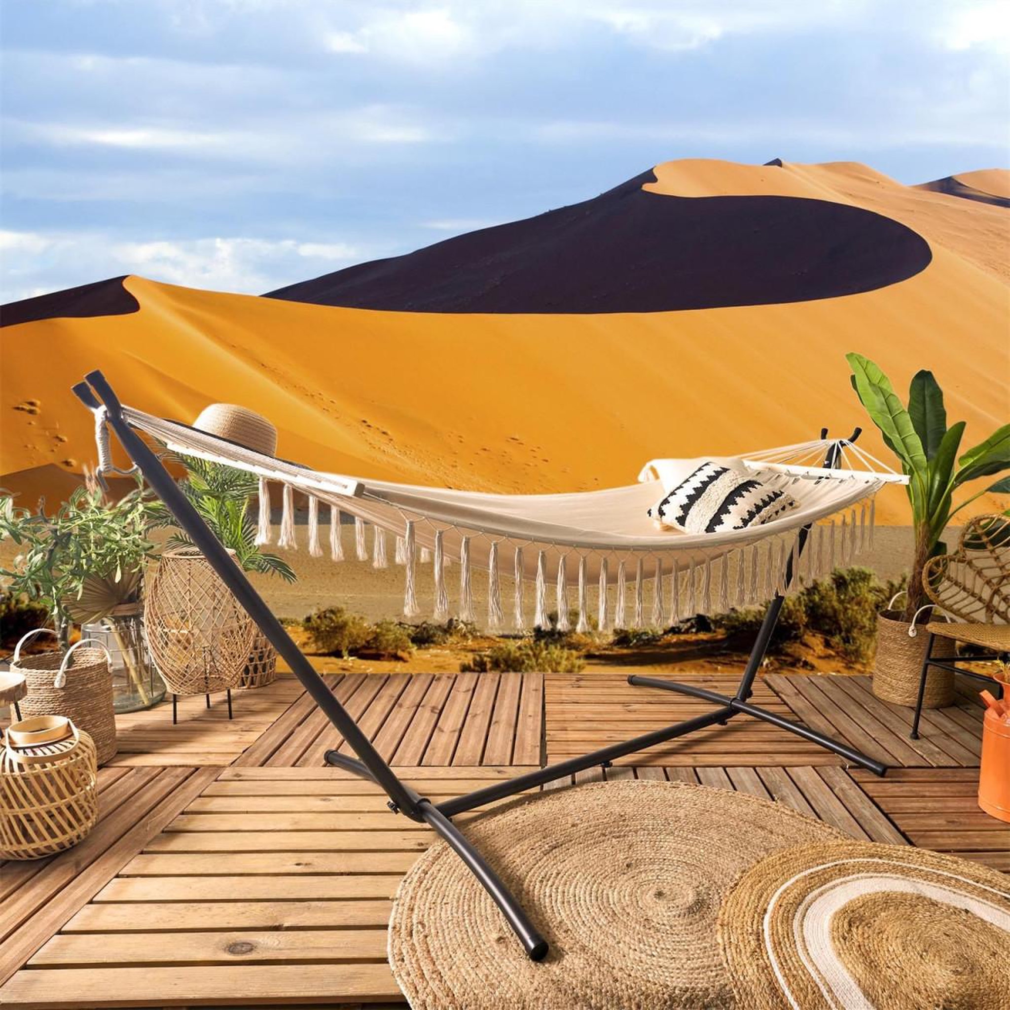 Voir la diapositive 4 : The Home Deco Factory Hamac avec franges  sumatra  90x285cm beige