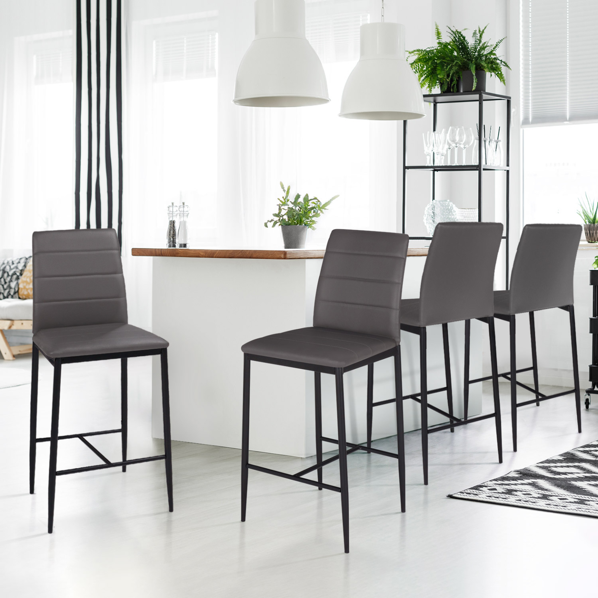 Voir la diapositive 2 : ID MARKET Lot de 4 tabourets romane en pvc gris design contemporain chaises de bar rembourrées