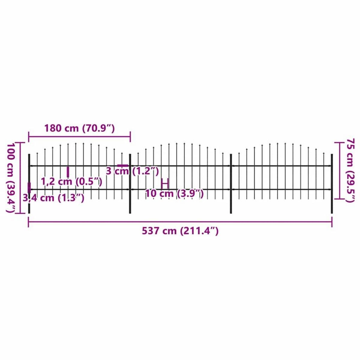 VIDAXL Cloture de jardin avec dessus en forme de lance en acier 537 x 100 cm Noir