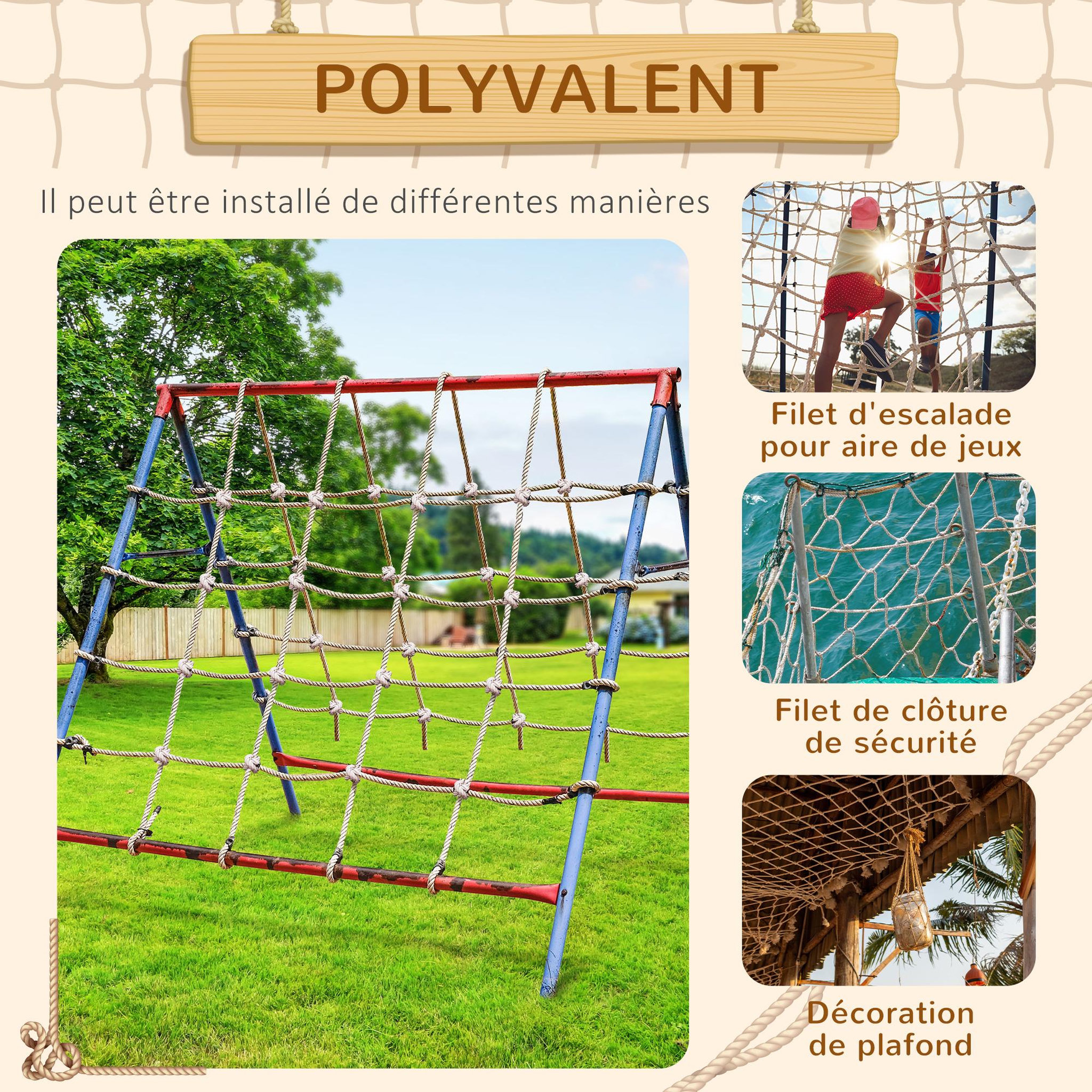 Voir la diapositive 6 : OUTSUNNY Filet d'escalade enfant PE filet à grimper 3-6 ans 1,5L x 2H m crochets acier galvanisé