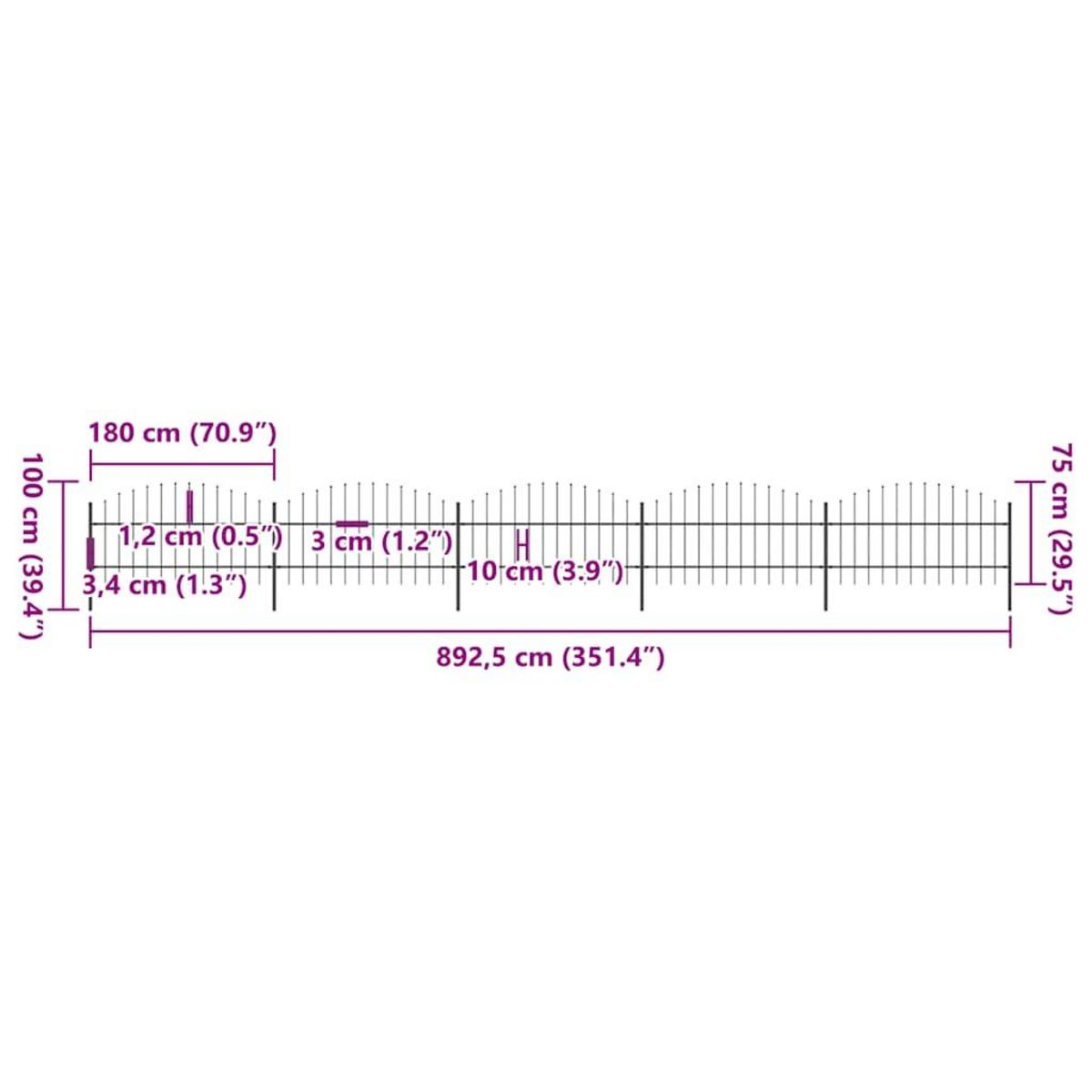 VIDAXL Cloture de jardin avec dessus en forme de lance en acier 892,5 x 100 cm Noir