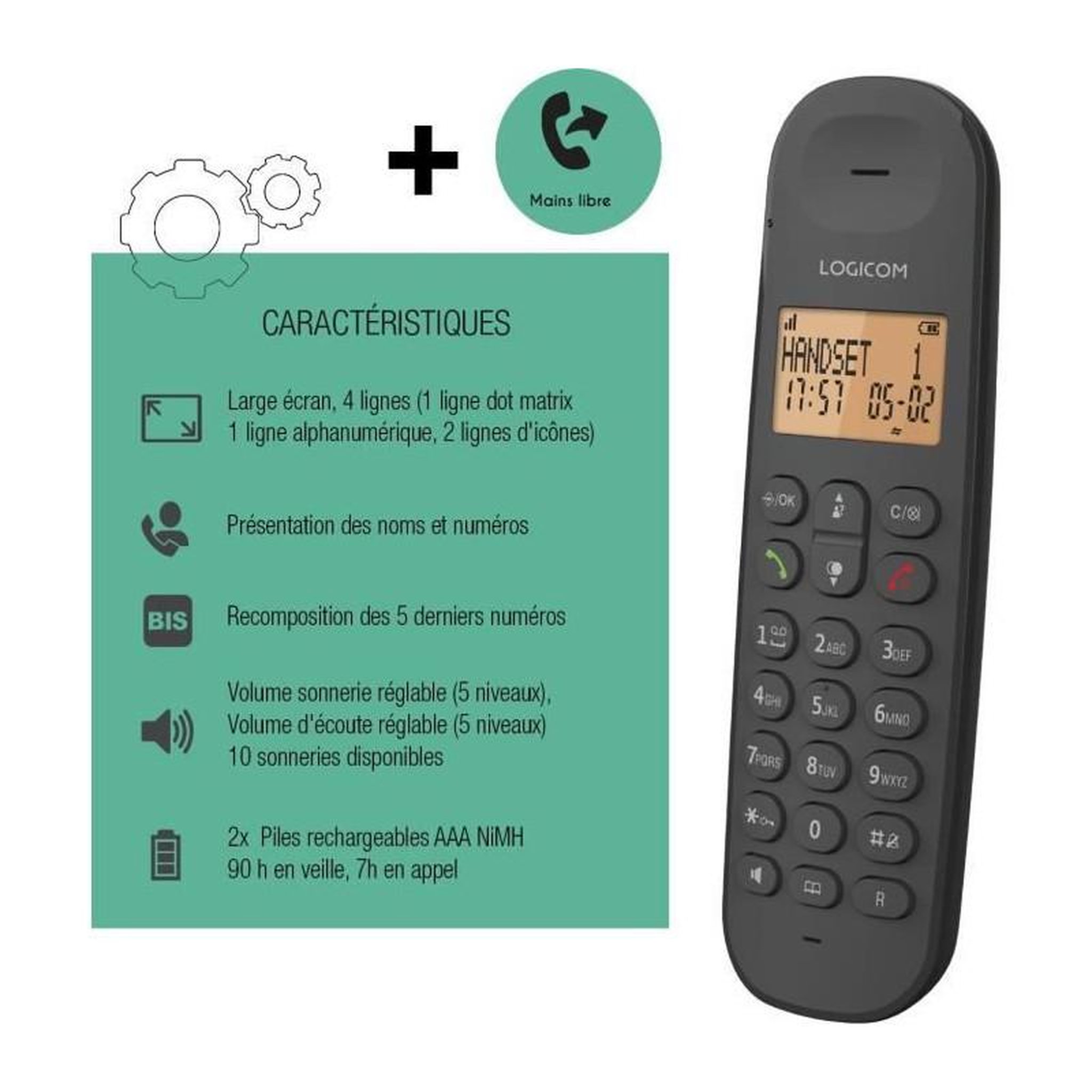 Voir la diapositive 6 : Logicom Téléphone sans fil Iloa - Solo Noir