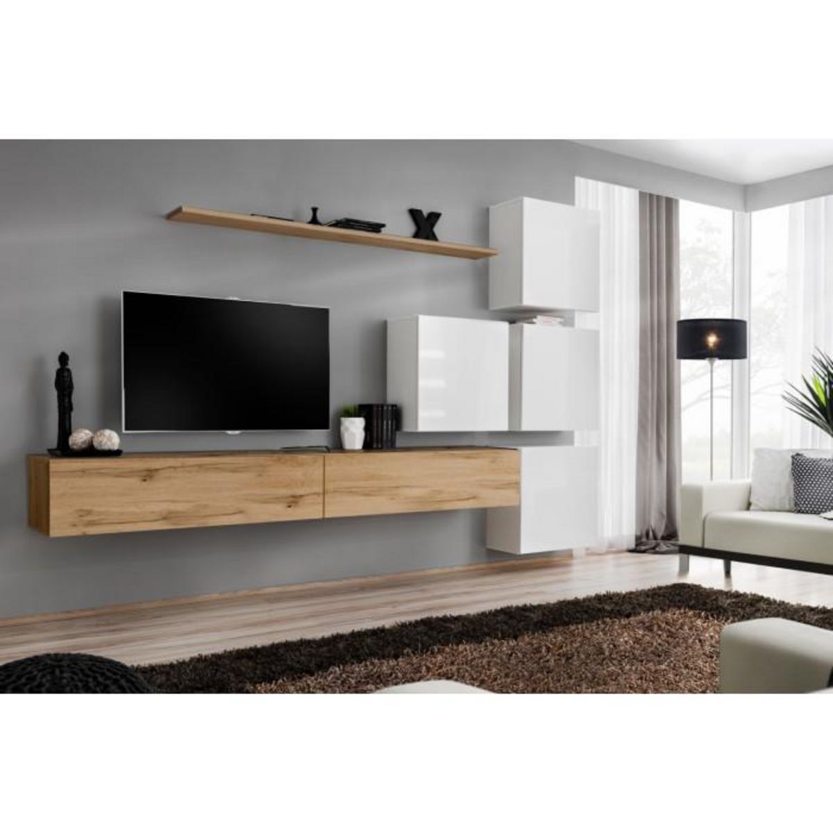 Paris Prix Meuble TV Mural Design  Switch IX  310cm Naturel & Blanc