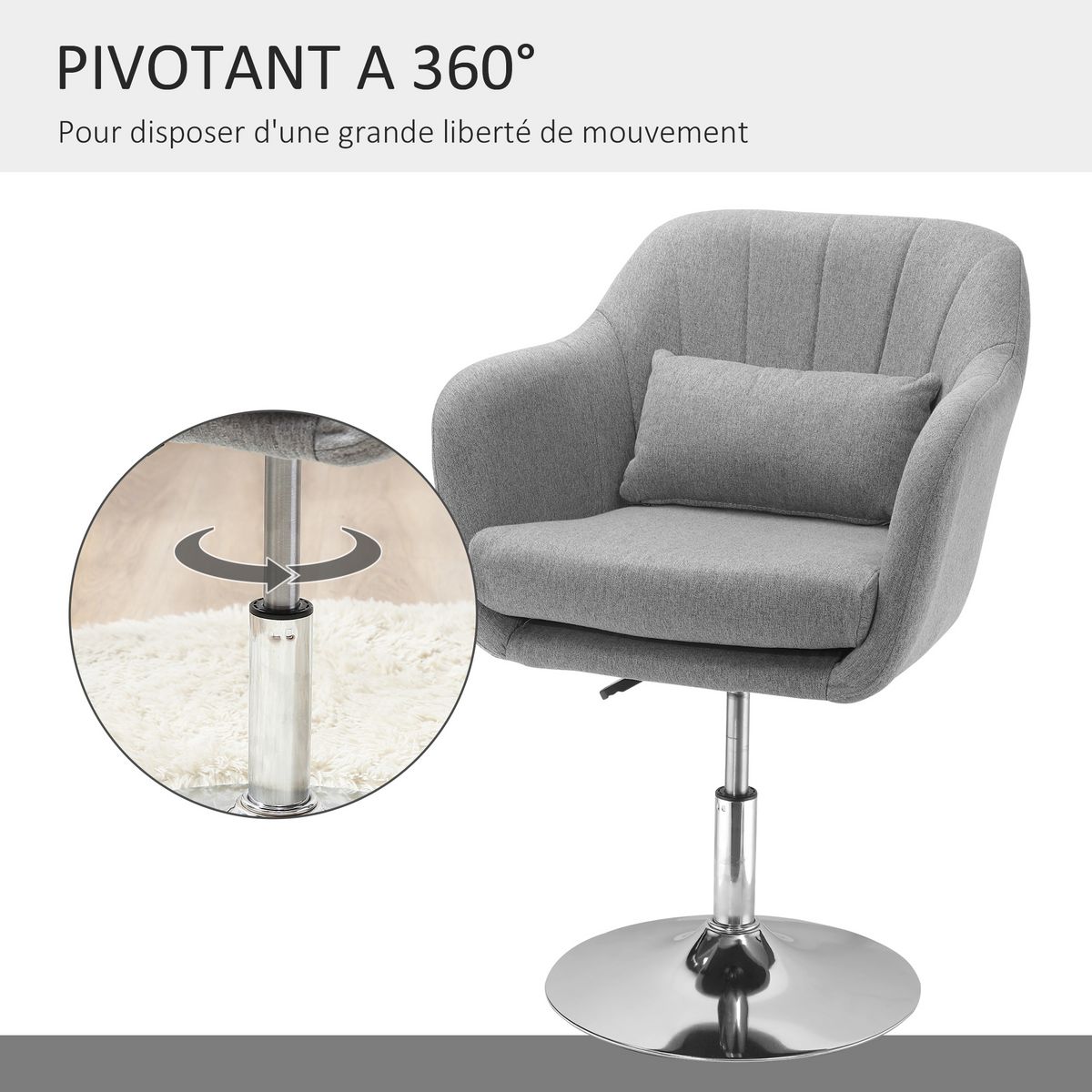 HOMCOM Fauteuil lounge design grand confort coussins lombaires hauteur réglable pivotant 360° piètement métal chromé lin gris