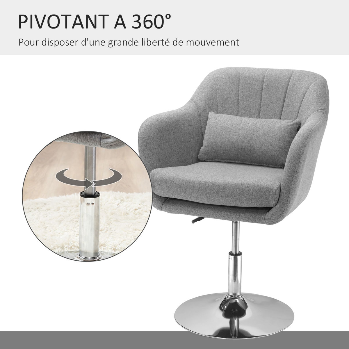 HOMCOM Fauteuil lounge design grand confort coussins lombaires hauteur réglable pivotant 360° piètement métal chromé lin gris