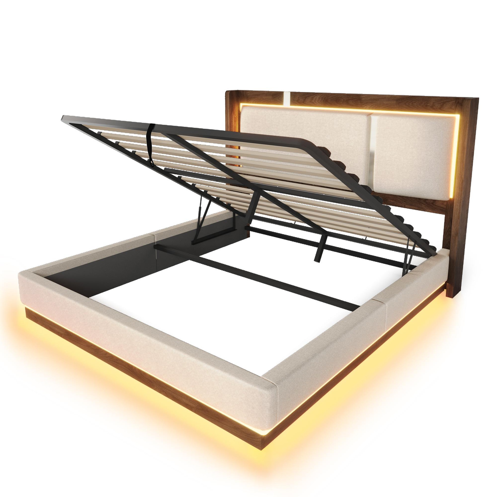 Voir la diapositive 5 : MERAX Lit double avec rangement hydraulique led tissu lin