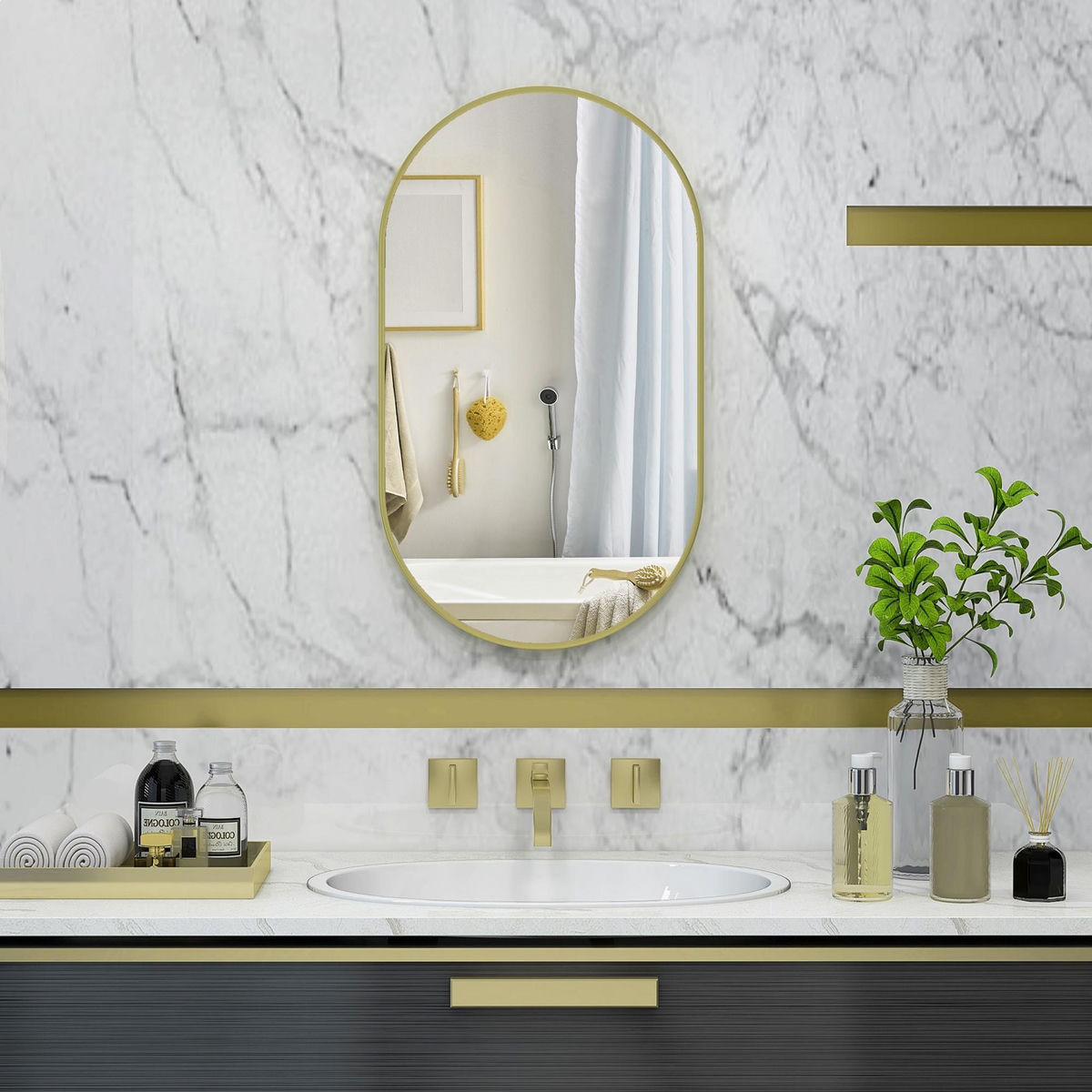 HOMCOM Miroir mural ovale dim. 40L x 70H cm, cadre alu. doré