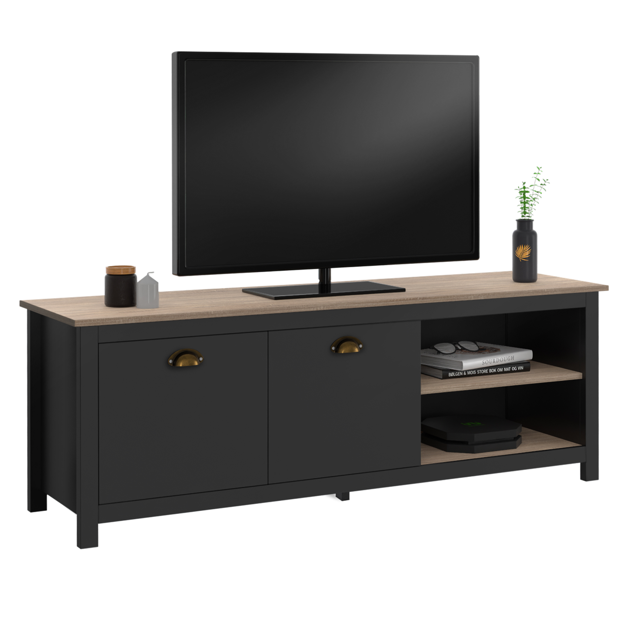 ID MARKET Meuble tv 140 cm campagne isis bois et noir