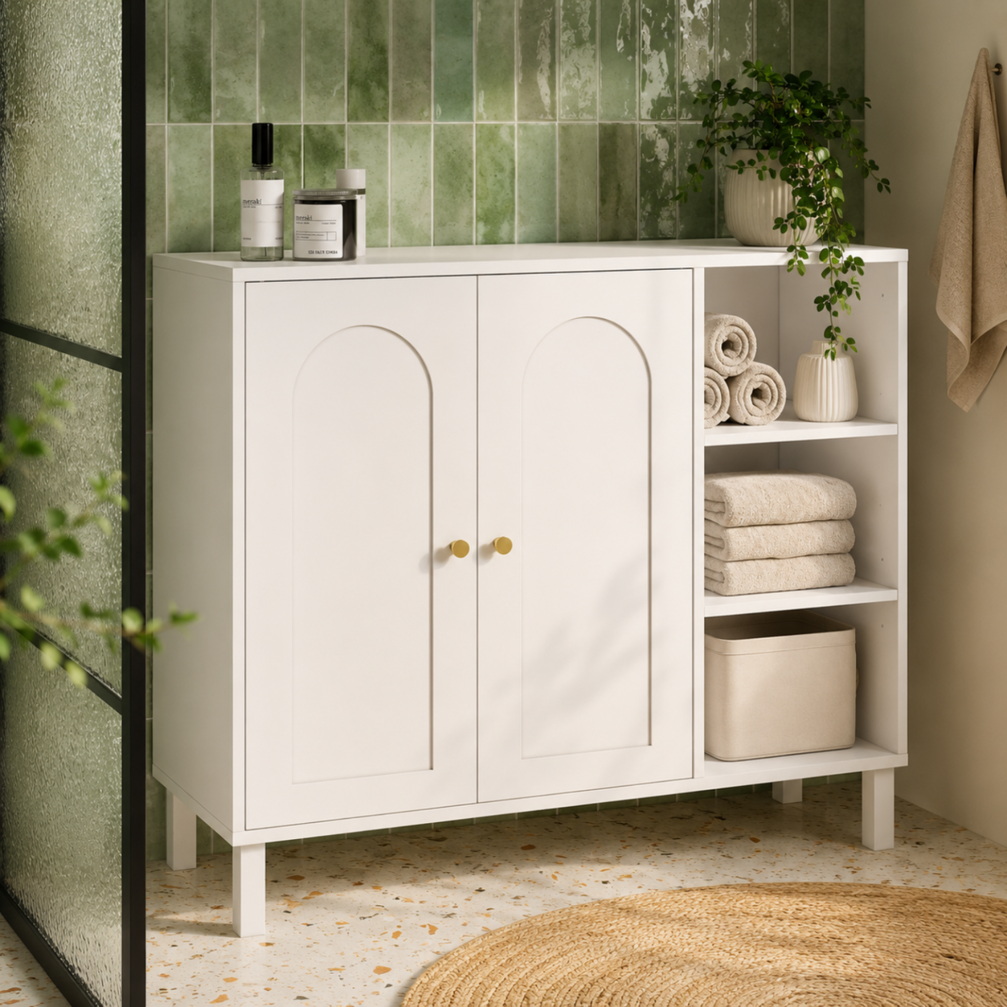 Voir la diapositive 2 : ID MARKET Meuble de salle de bain, meuble de rangement salon, entrée arsene 3 étagères avec placard bois blanc