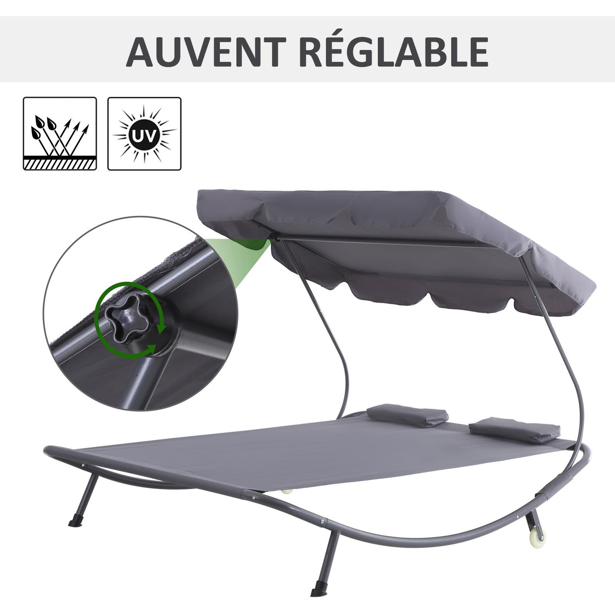 Voir la diapositive 4 : OUTSUNNY Bain de soleil 2 places lit de jardin design contemporain toit réglable 2 roulettes 2 oreillers acier époxy polyester gris