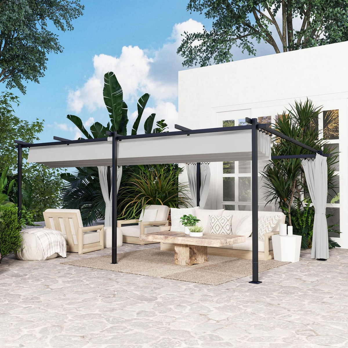 OUTSUNNY Pergola coulissante rétractable 3 x 6 m 4 rideaux latéraux amovibles alu métal toile gris
