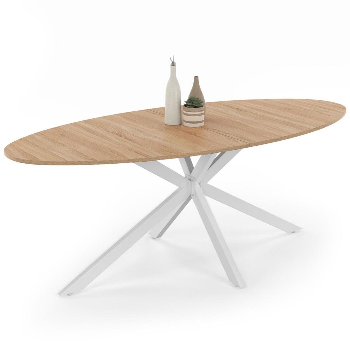 ID MARKET Table à manger ovale ALIX 10 personnes pied araignée bois et blanc 200 cm