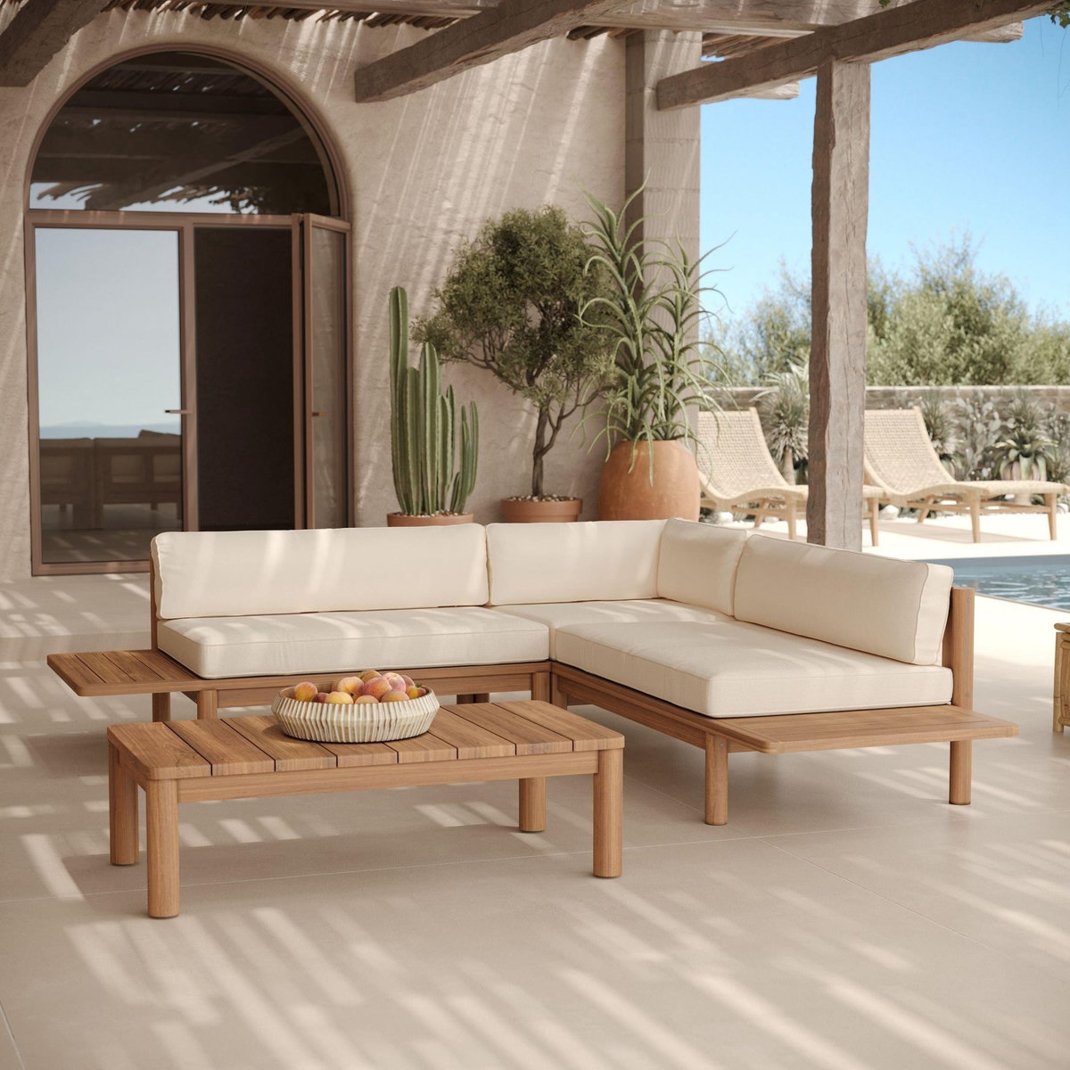 Rendez vous déco Salon de jardin 4 personnes en teck massif et tissu blanc-Nadila