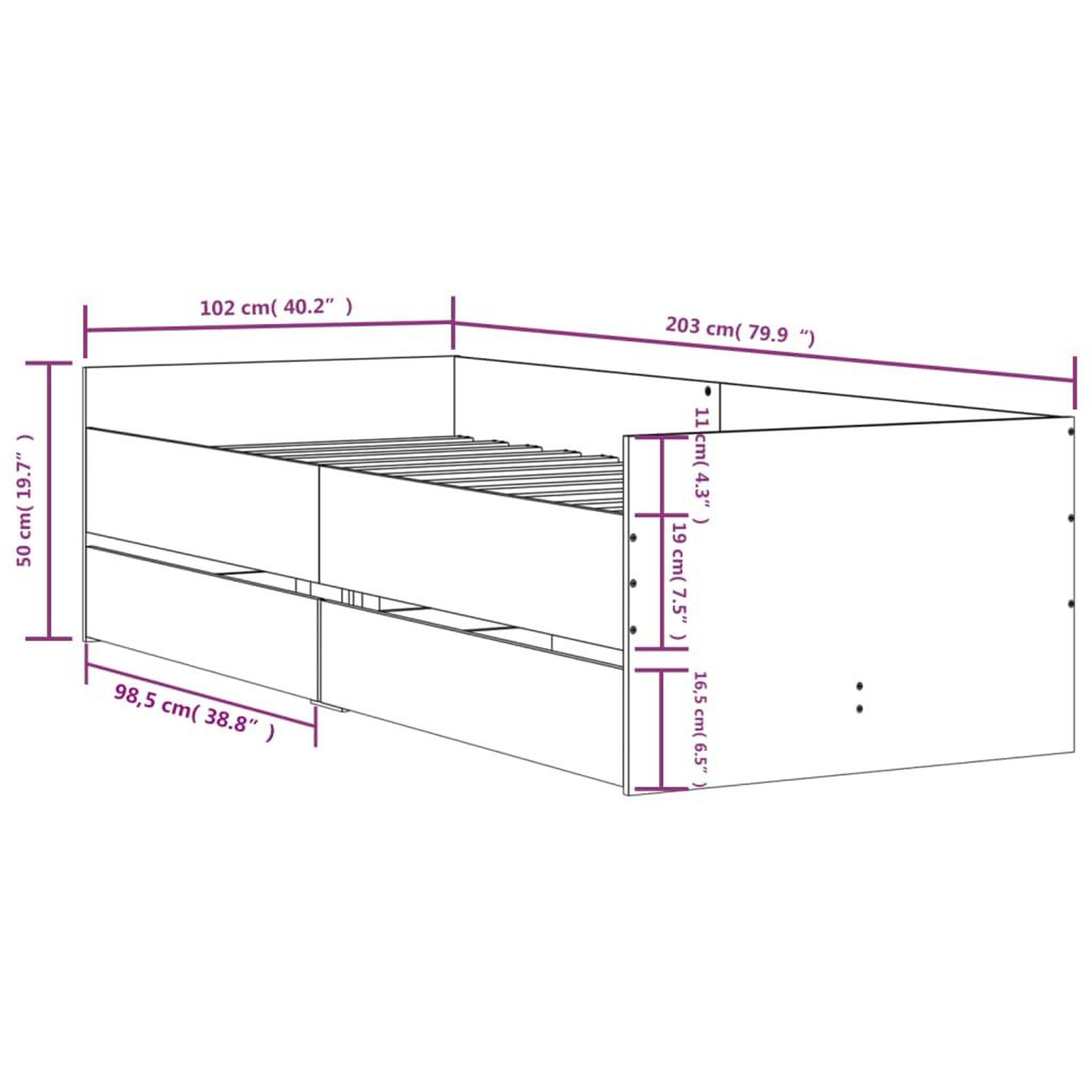 Voir la diapositive 6 : VIDAXL Cadre de lit avec tiroirs sans matelas sonoma gris 100x200 cm