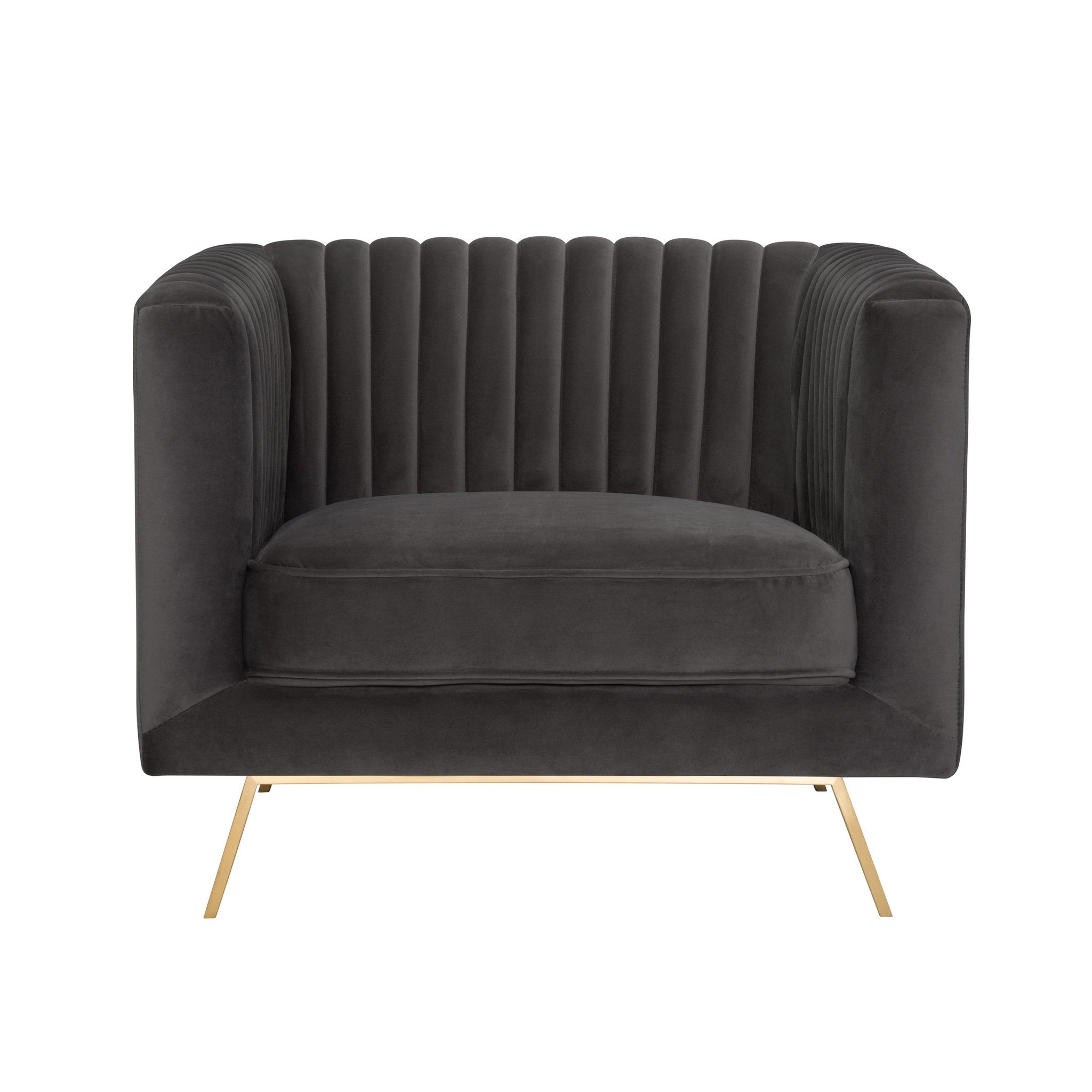 MAISON PAVANE Fauteuil en velours gris et pieds en métal doré-gatsby