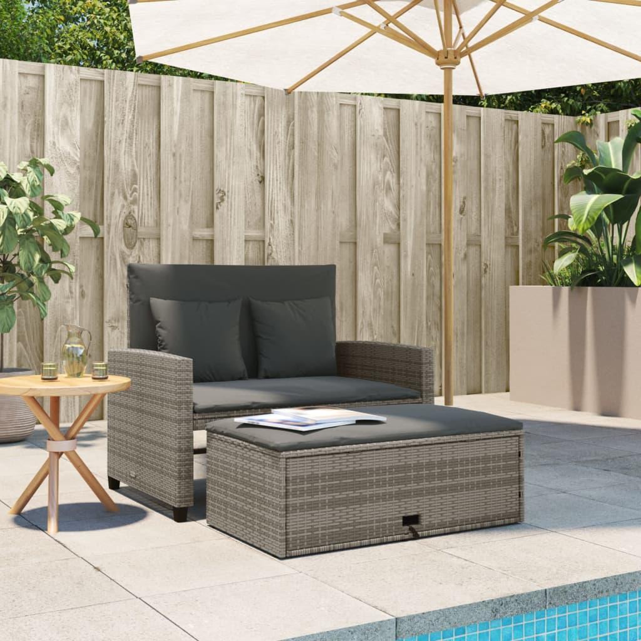 Voir la diapositive 3 : VIDAXL Canape de jardin 2 places avec coussins gris resine tressee