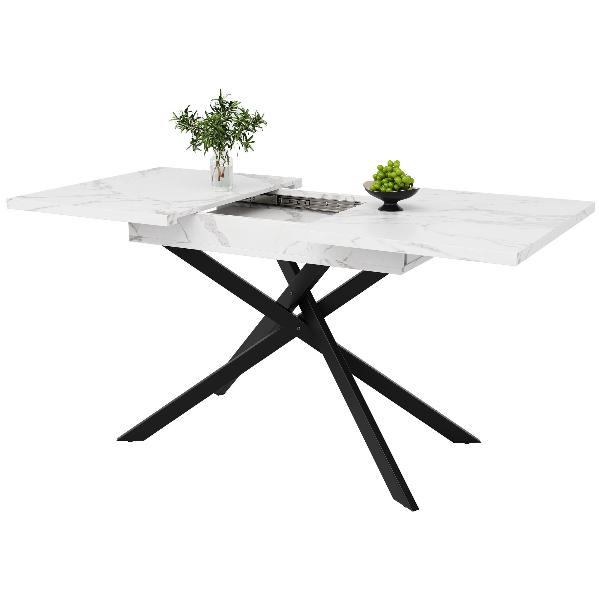 MERAX Table à manger rectangulaire avec allonge blanc+noir - 80x120-160max.cm mdf et métal