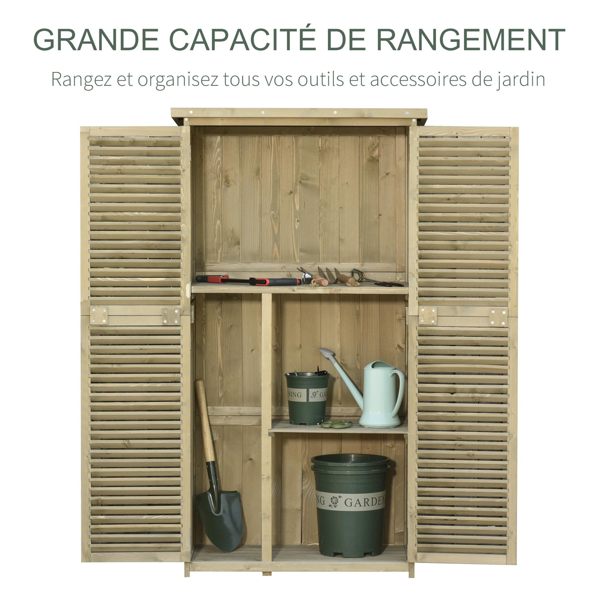 Voir la diapositive 4 : OUTSUNNY Armoire de jardin abri jardin remise pour outils sur pied dim. 79L x 42l x 160H cm 2 étagères portes persiennes toit bitumé étanche bois pin autoclave gris