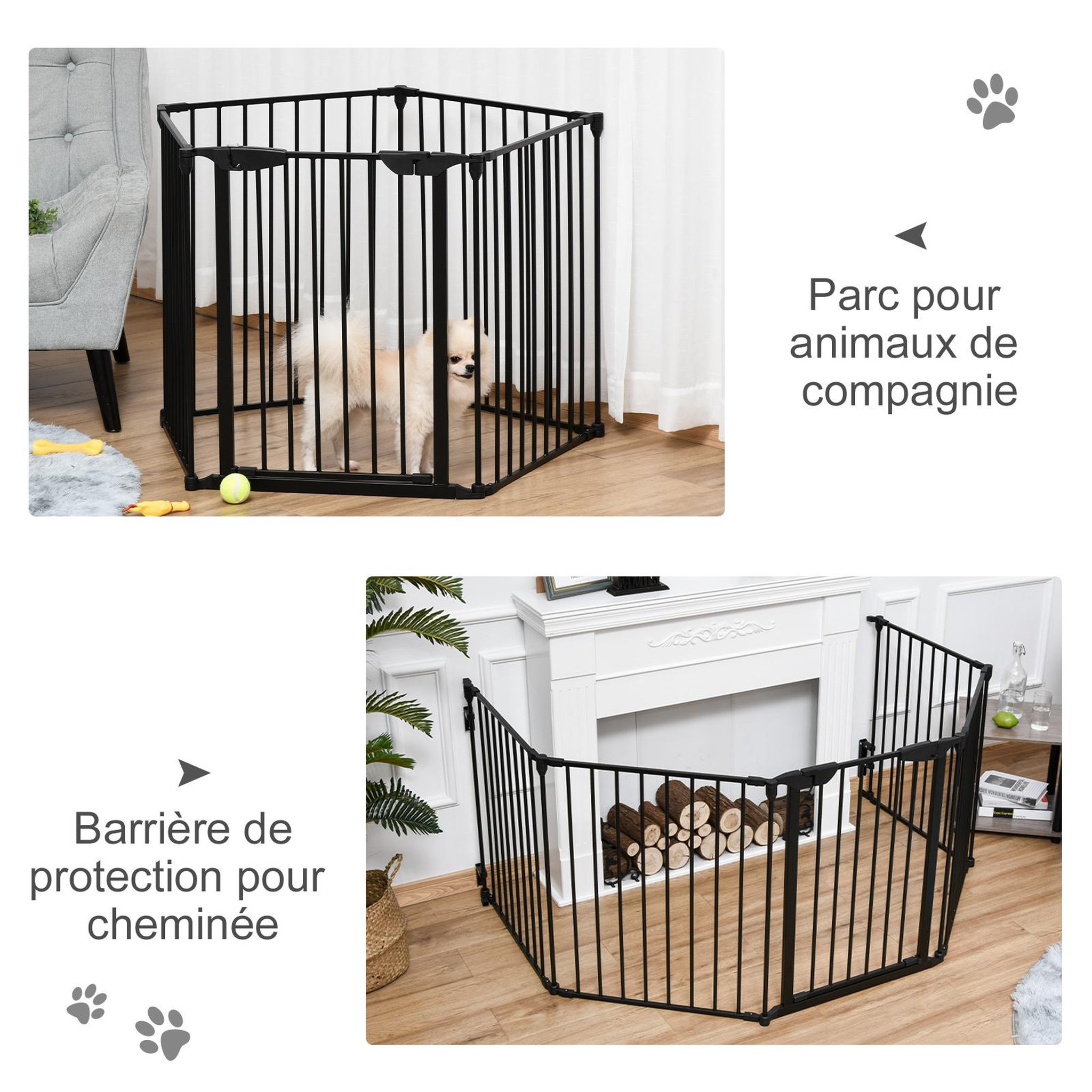 Voir la diapositive 6 : PAWHUT Barrière de sécurité parc enclos chien modulable pliable porte verrouillable intégrée 5 panneaux en métal 300l max. X 74,5h cm métal pp noir