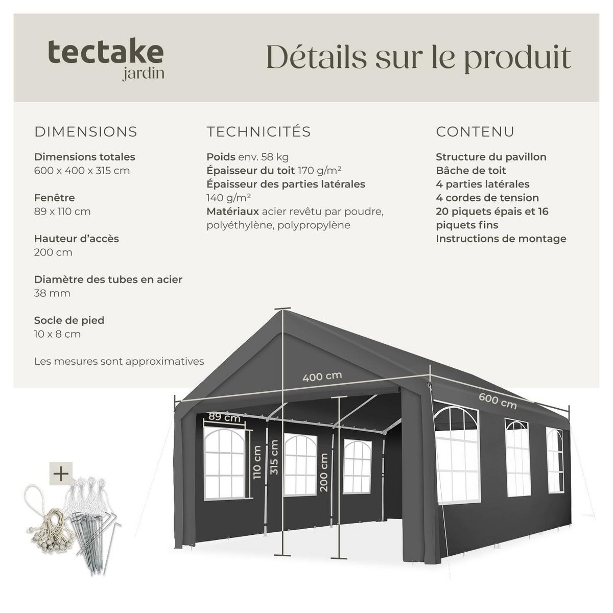 tectake Tonnelle 6 x 4 m gris