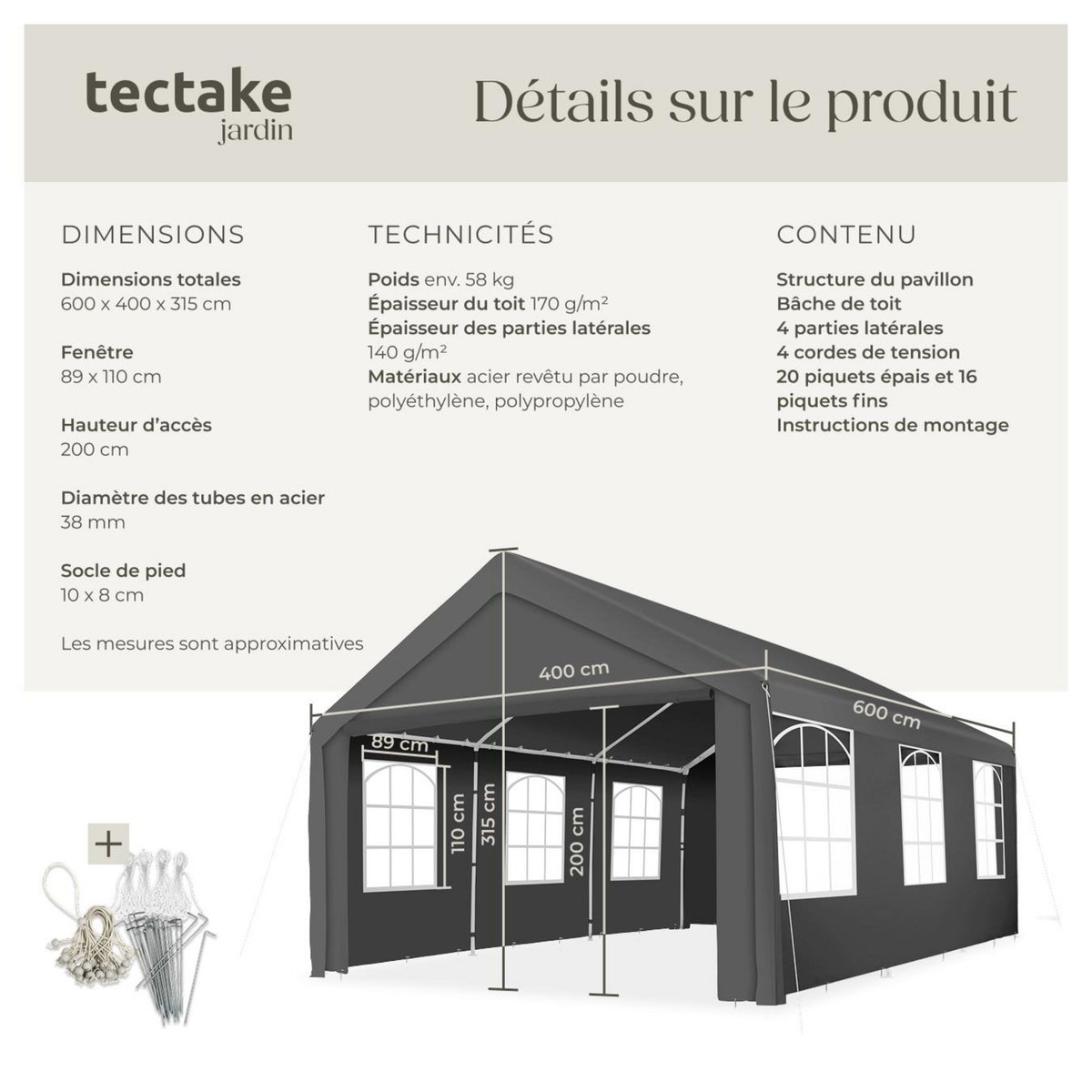 tectake Tonnelle 6 x 4 m gris