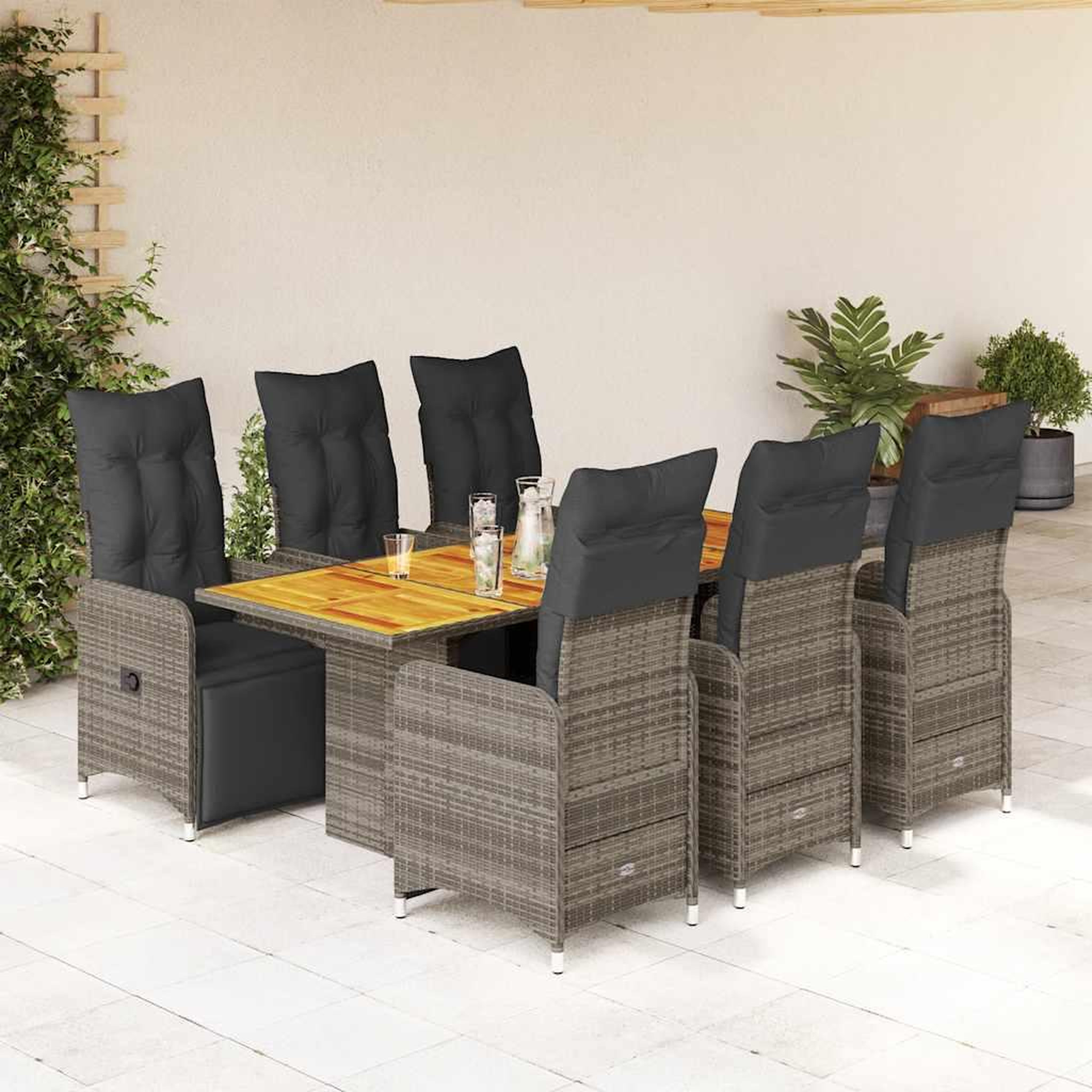 VIDAXL Ensemble de bistro de jardin 7 pcs coussins gris poly rotin