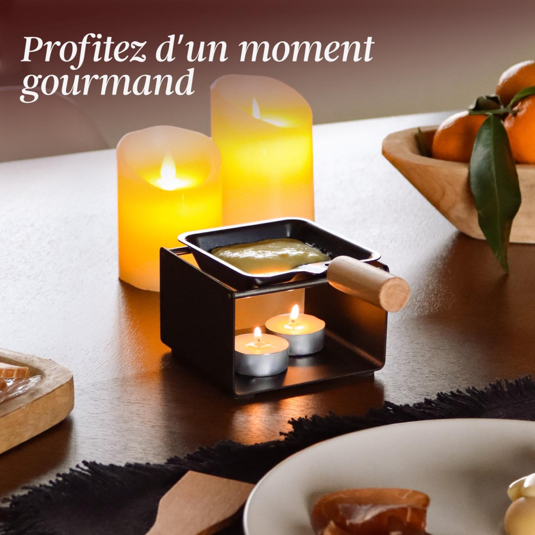 Voir la diapositive 5 : LINXOR Appareil à raclette à la bougie en métal, spatule et bougies incluses - 1 personne