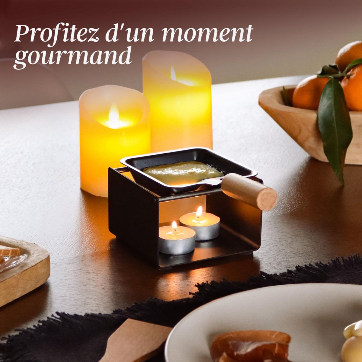 LINXOR Appareil à raclette à la bougie en métal, spatule et bougies incluses - 1 personne