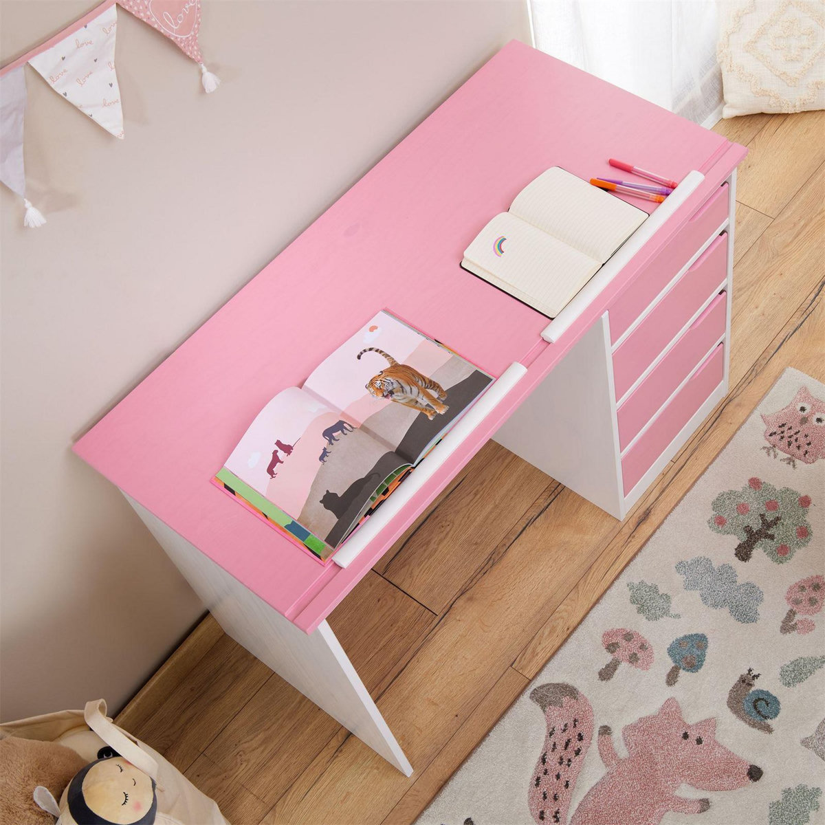 IDIMEX Bureau enfant EMMA, en pin massif, 4 tiroirs et plateau inclinable