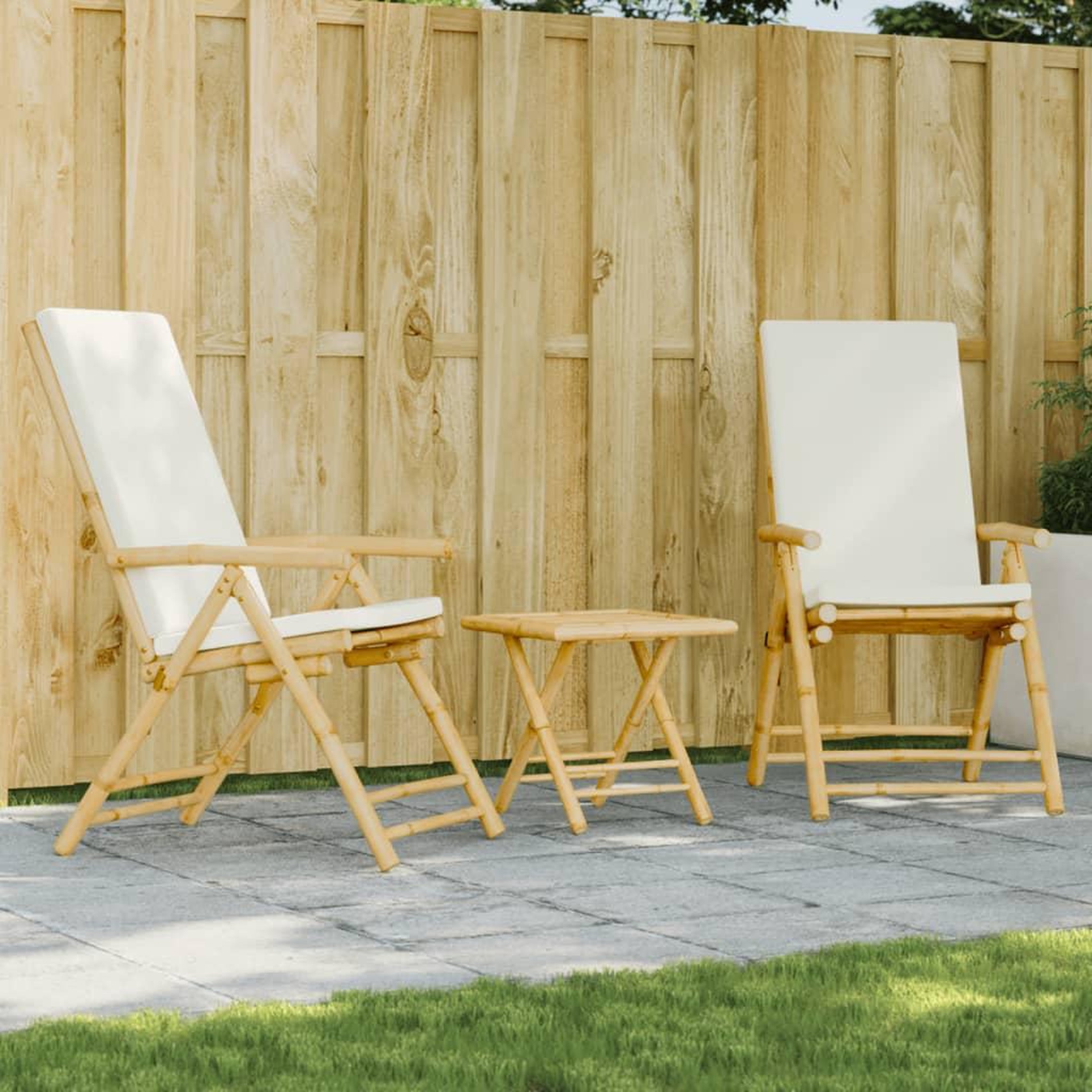 VIDAXL Ensemble de bistro pliante 3 pcs et coussins blanc creme bambou