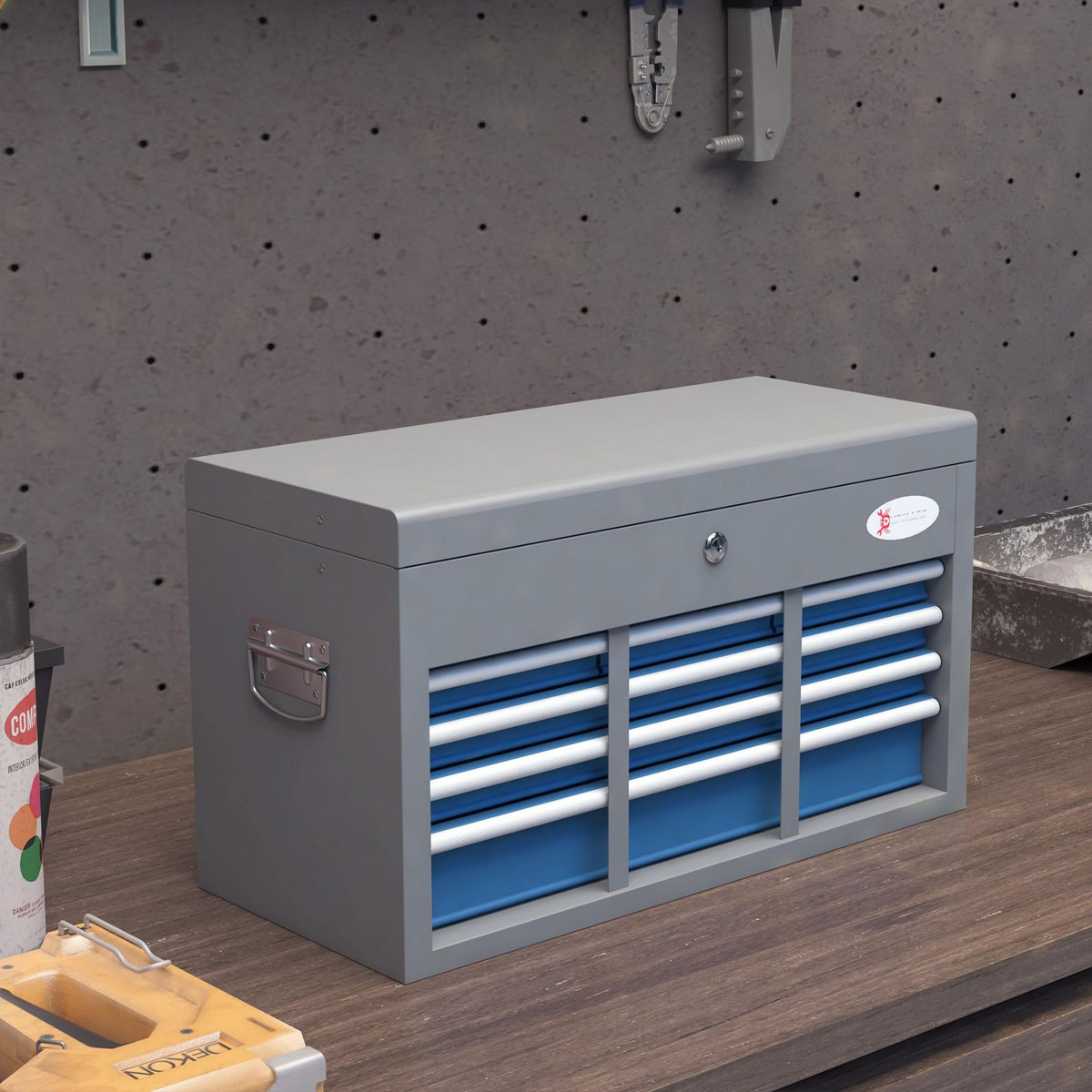 HOMCOM Boite à outils métallique caisse à outils - 6 tiroirs + plateau verrouillables - tapis EVA poignées tôle acier gris bleu