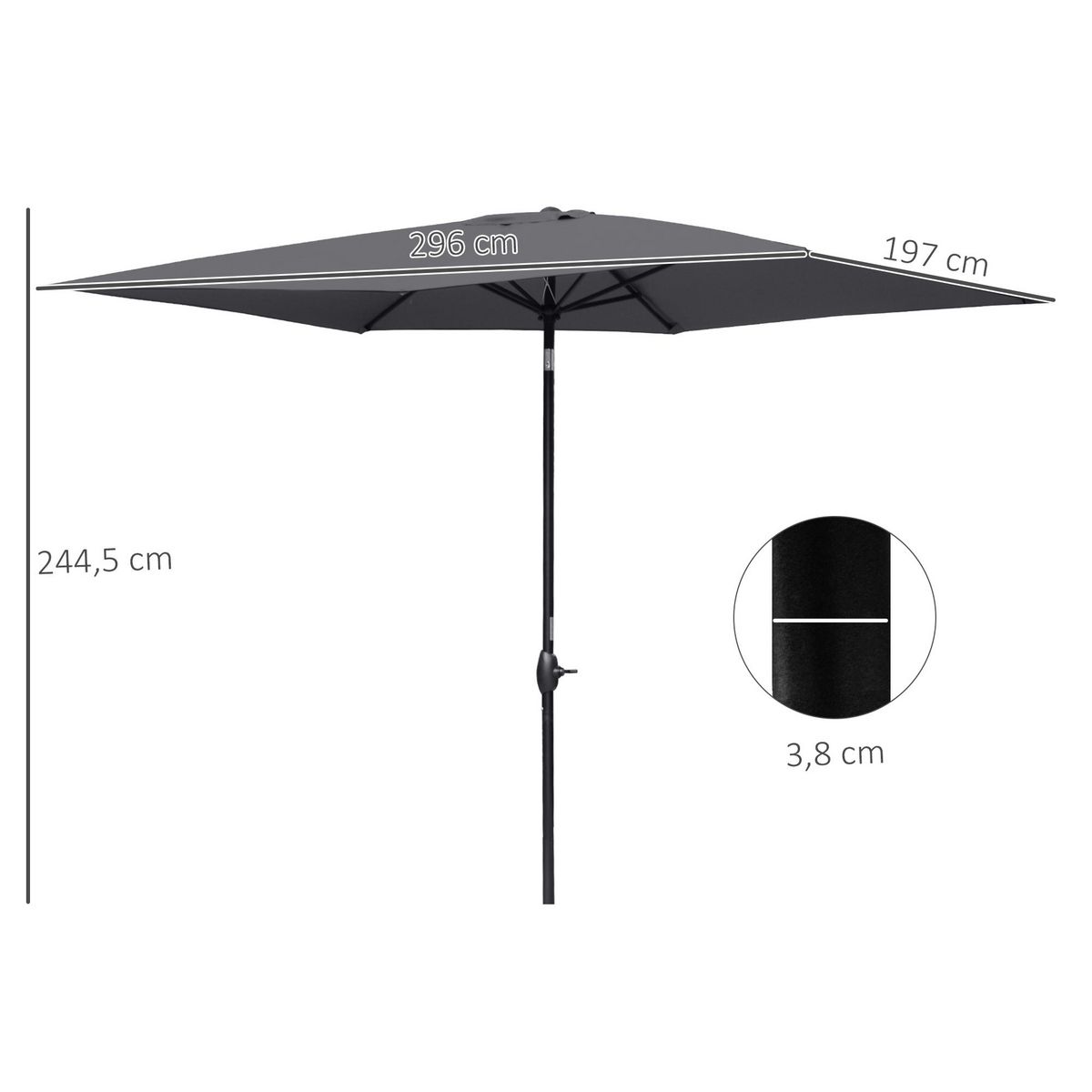 OUTSUNNY Parasol rectangulaire inclinable de jardin avec manivelle alu. métal polyester haute densité anti UV 50+ gris
