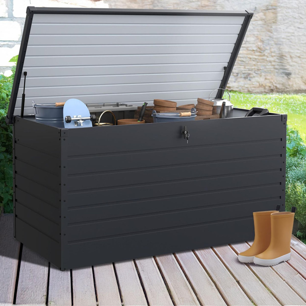 ID MARKET Coffre de rangement métal verrouillable gris anthracite pour jardin 1250L 175x95x90 cm